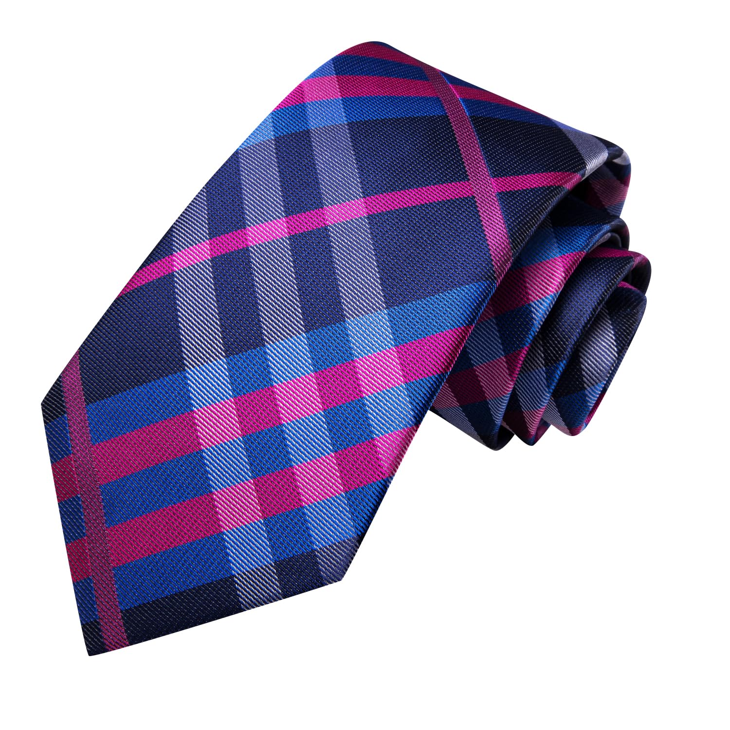 Dubulle Mens Checks Tie Set Pink and Blue Plaids Checks Necktie Handkerchief Cufflinks Business Formal