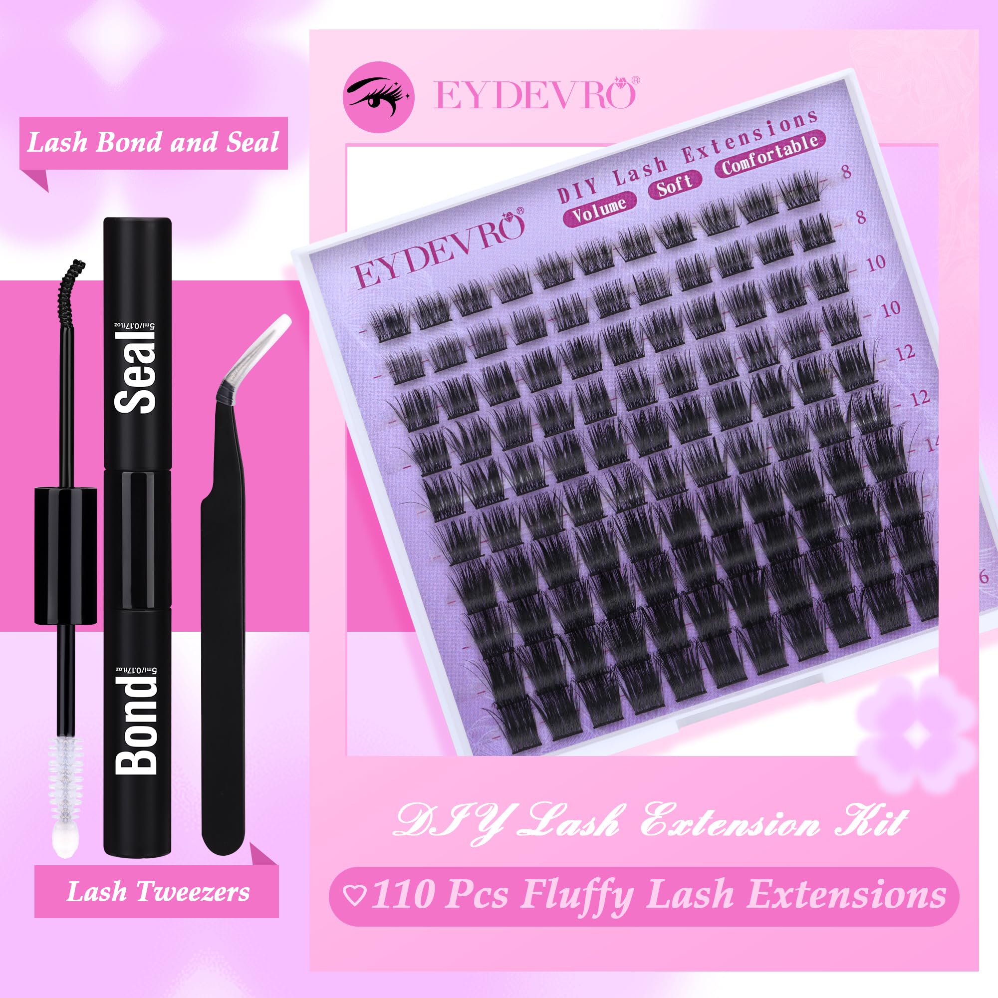 EYDEVRO D Curl Cluster Lashes DIY Lash Extension Kit Lashes Individual Clusters Kit Wispy Eyelash Extension Kit 8-16mm Eyelash Extensions with Lash Bond and Seal and Tweezers (0.07D, 8-16mm, D Curl)