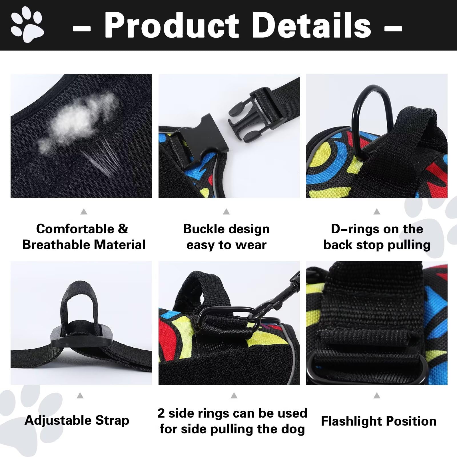 Belababy Soft No Pull Dog Harness Small Medium Large Dog, Reflective Service Assistance Dog Vest Harness, Adjustable Emotional Support Dog Puppy Harness with Colorful Pattern, Colourful Scrawl, M