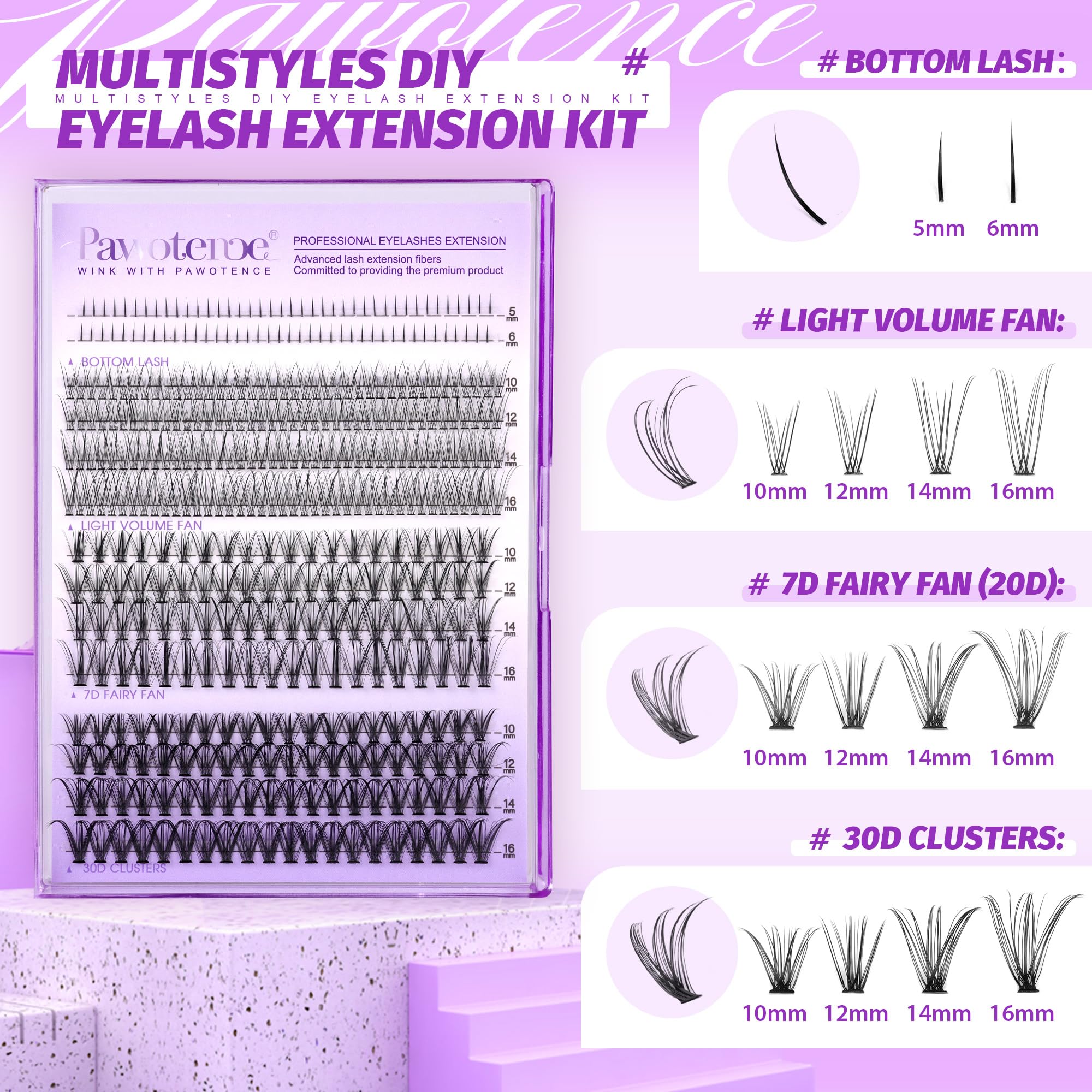 Pawotence Cluster Lashes Kit Individual Eyelashes Multi-types Individual Lashes Natural Bottom, Light Volume, 20D 30D Clusters Eyelash Extension Kit with Lash Bond and Seal, Lash Tweezer for Self Use