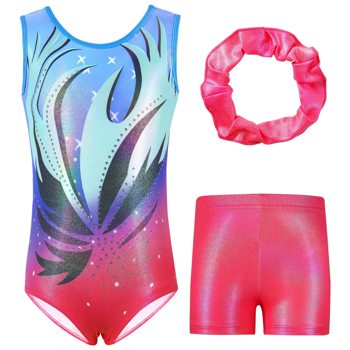 Hovershoes Gymnastics Leotards for Girls Sparkle Colorful Dancing Athletic Leotard with Glitter Tumbling Dance Shorts and Headband for 5-14 Years Kids Teens