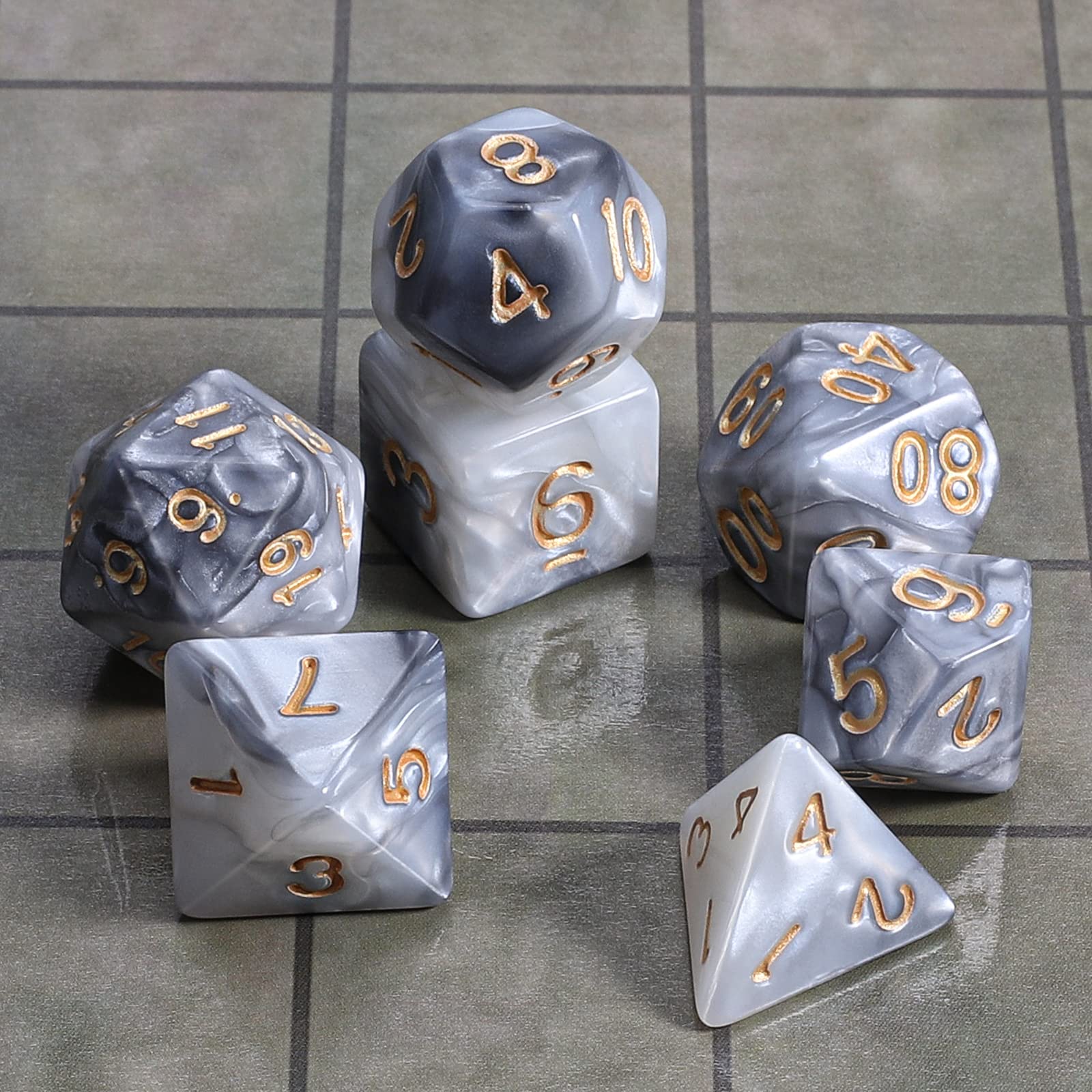 QMAY DND Dice Polyhedral Dice Set - 7 Pieces for Dungeon and Dragons MTG RPG D&D D20, D12, D10, D%, D8, D6, D4 (Grey mixed White)