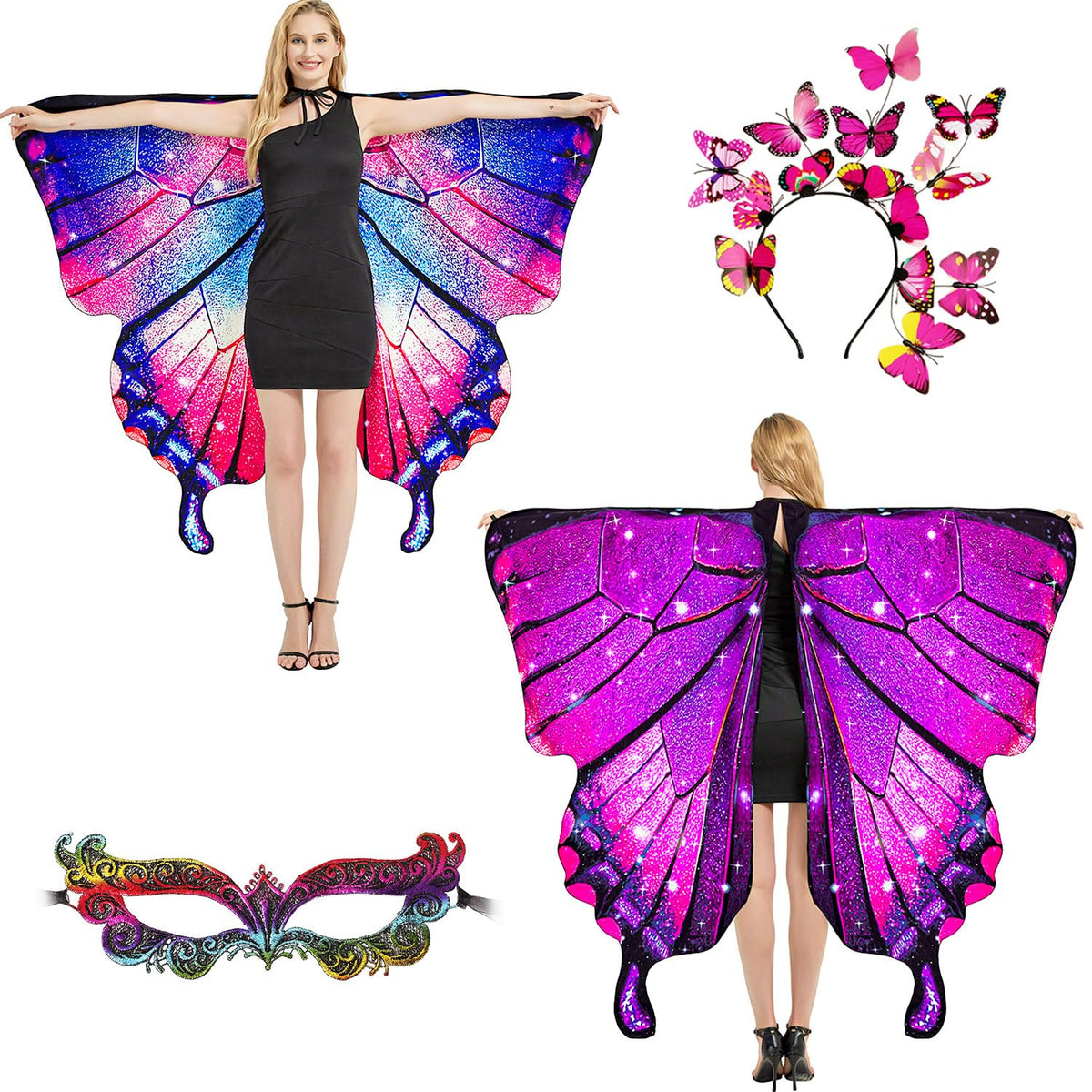 plainshe Butterfly Wings Double-Sided, Fairy Wings for Adults, Halloween Costumes for Women, 3PCS Butterfly Cape Set (Double-Sided 10)