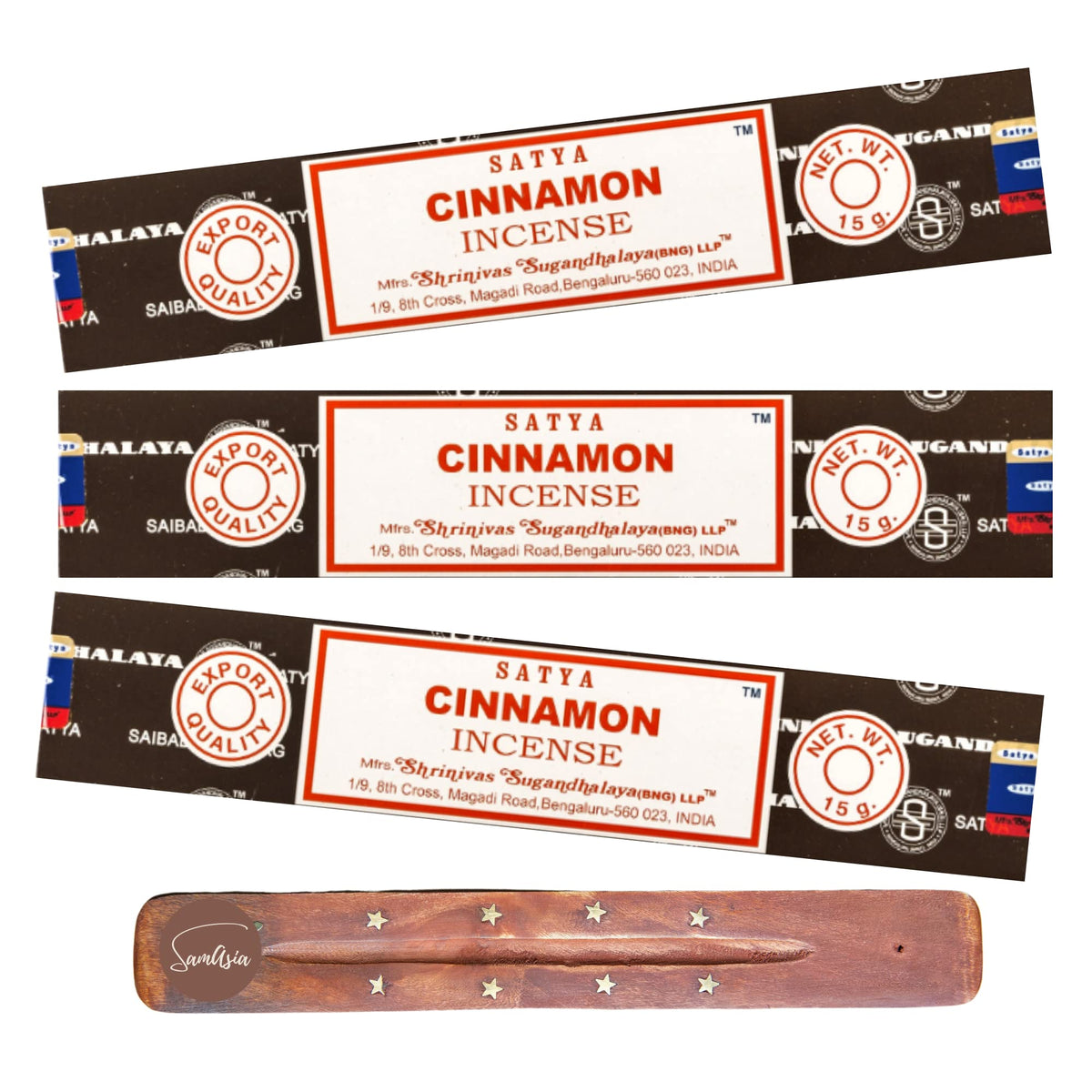 Satya Nag Champa Cinnamon Incense Sticks   3 pack   with SAMASIA incense sticks holder   Used for Aromatherapy, Spa, Yoga, Weddings, Meditation, Healing, Positivity and Relaxation