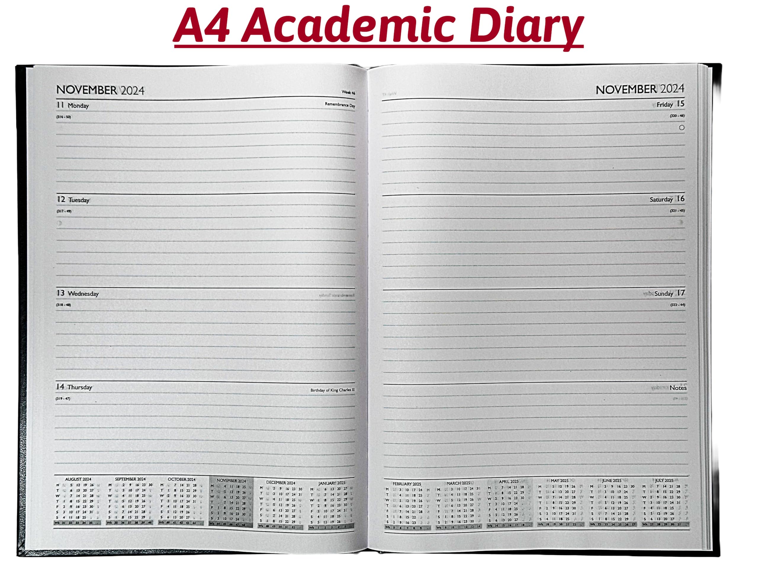 A4 Academic Diary 2024/2025 Week to View Hardback Case Bound - BLUE