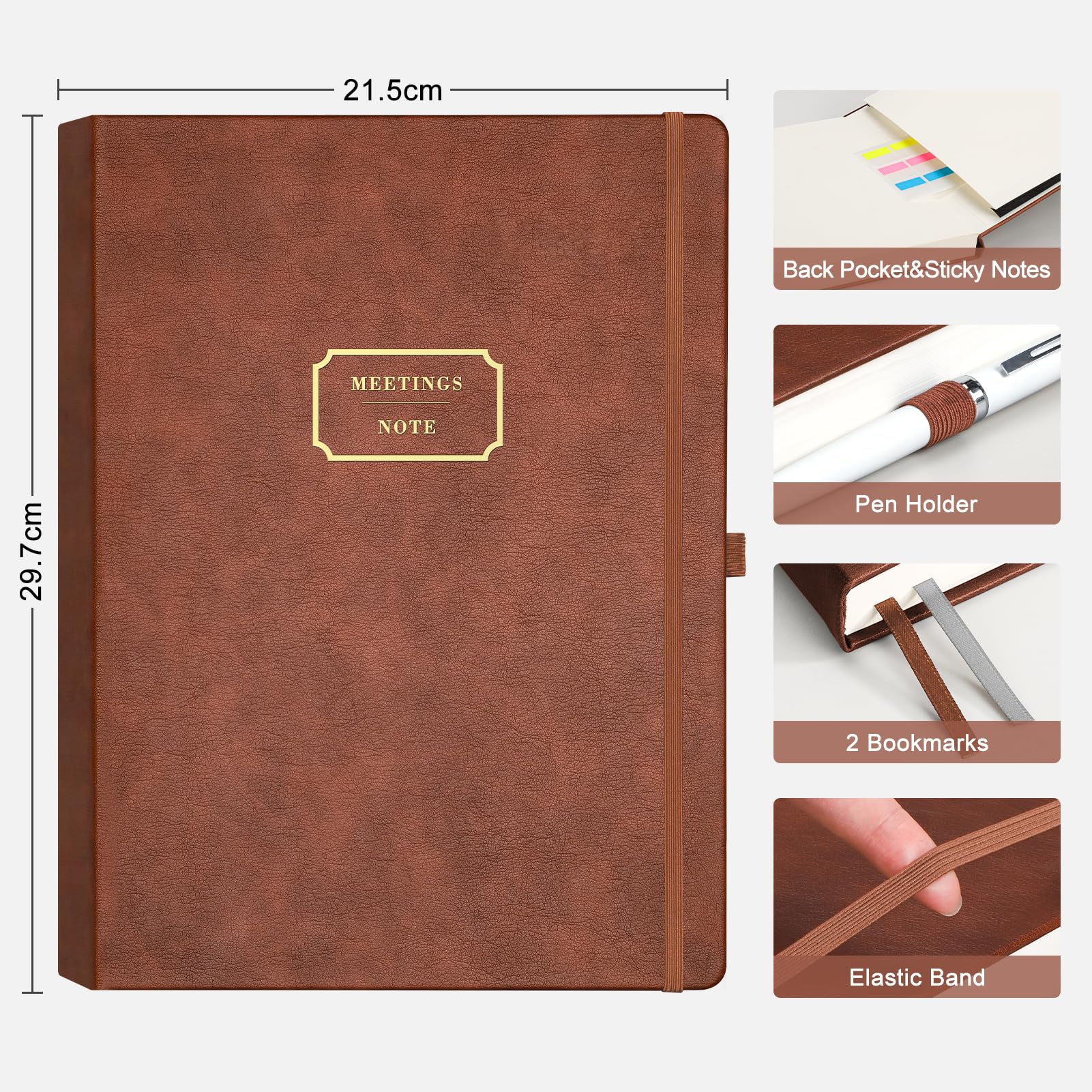 EMSHOI Meeting Notebook A4 Planner, 240 Pages Large Diary To Do List Notepad with 100gsm Thick Paper, Hardback Leather Journal for Women Men Office Business Work, 21.5 x 29cm - Coffee