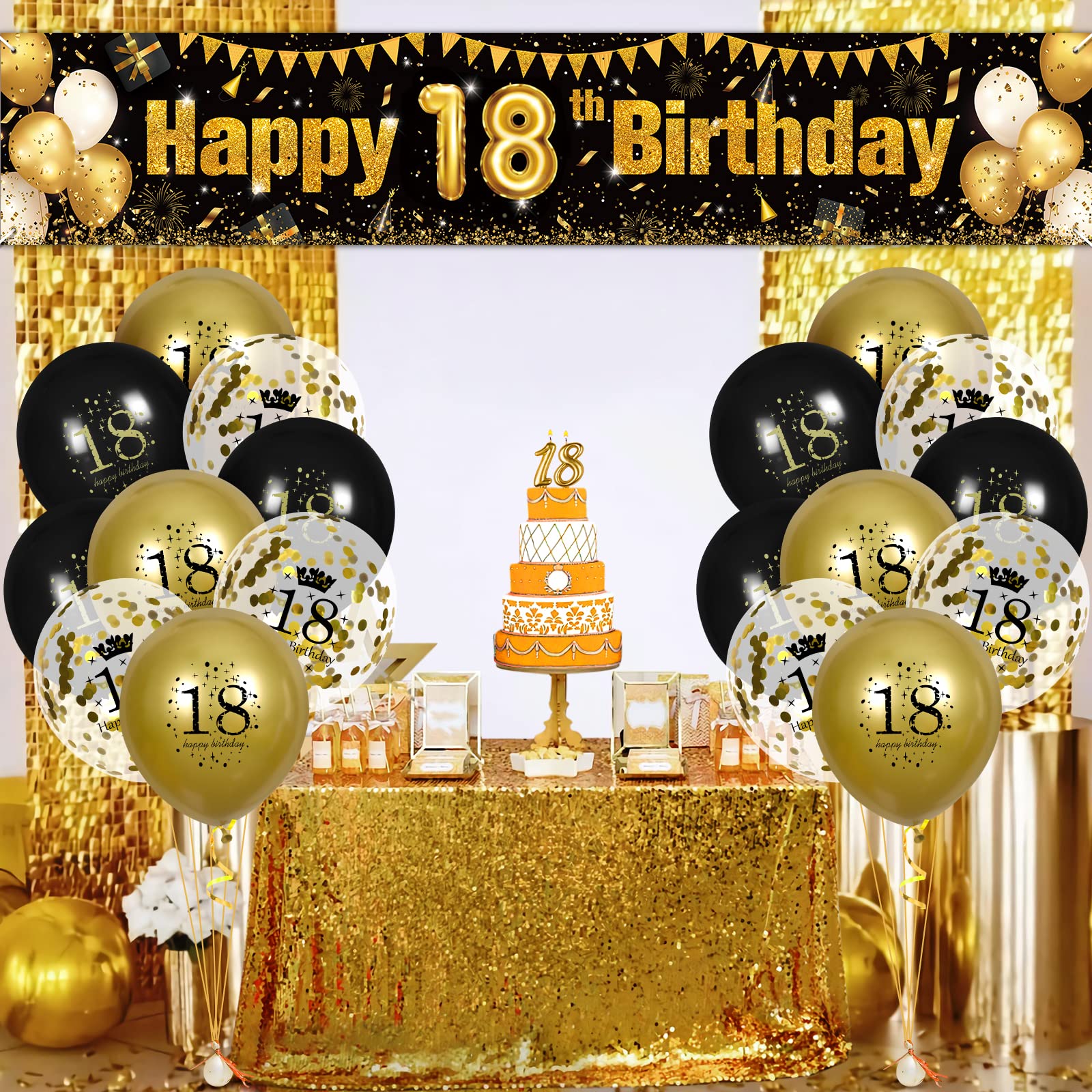 18th Birthday Decorations for Boys Girls and Gold, Black Gold Birthday Yard Banner Sign and 18PCS 18th Happy Birthday Confetti Balloons for 18th Anniversary Birthday Party Supplies Outdoor Yard Decor