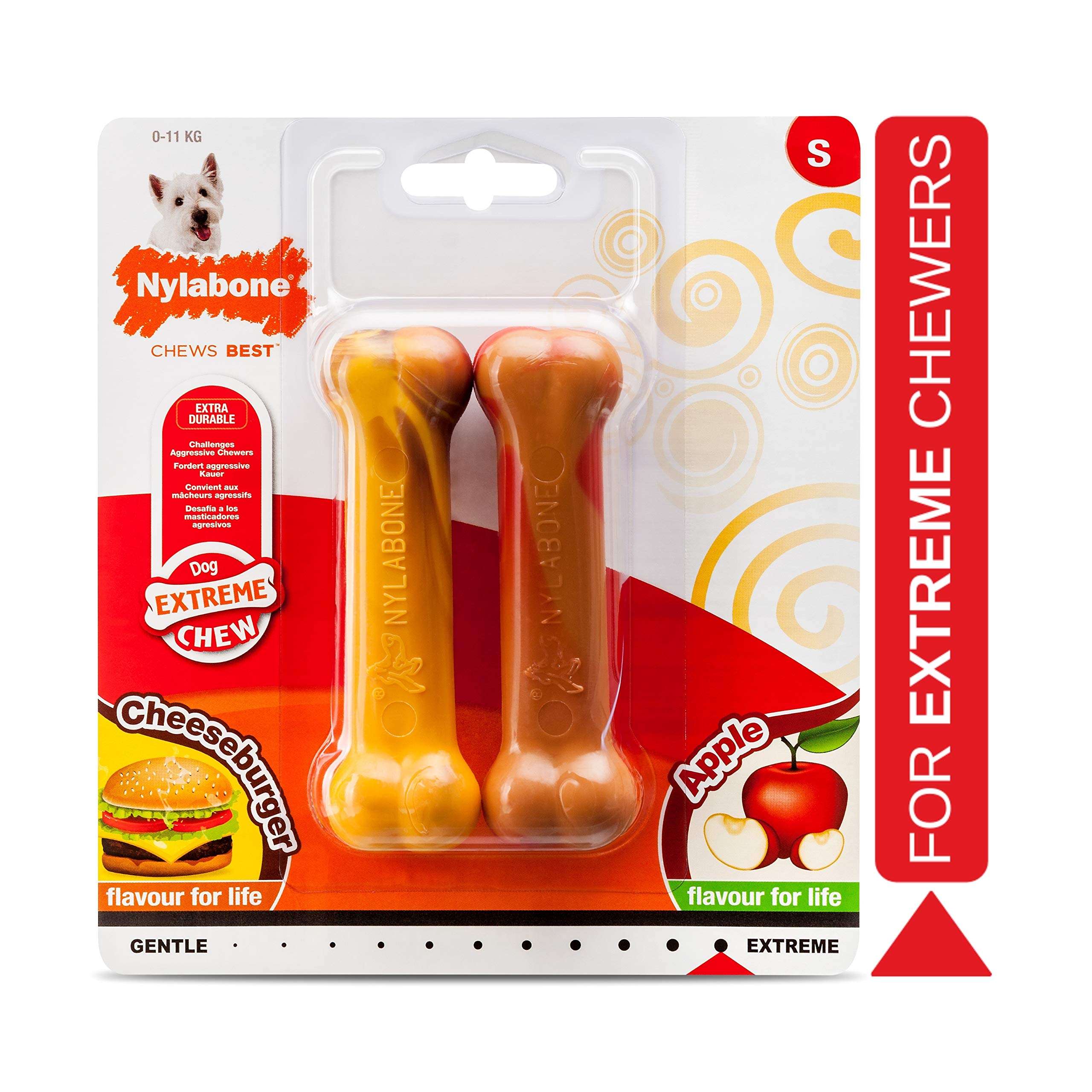 Nylabone Extreme Tough Dog Chew Toy Bones, Cheeseburger & Apple Flavour, 2-piece, Small, For Dogs Up To 11 kg