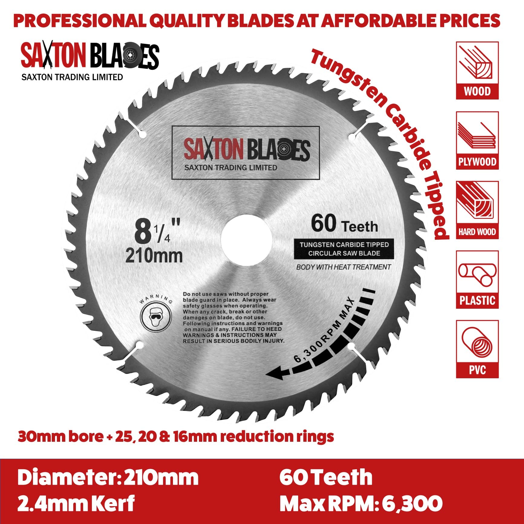 Saxton TCT Circular Wood Saw Blade 210mm x 30mm x 60T for Festool Bosch Makita Dewalt fits 216mm saws