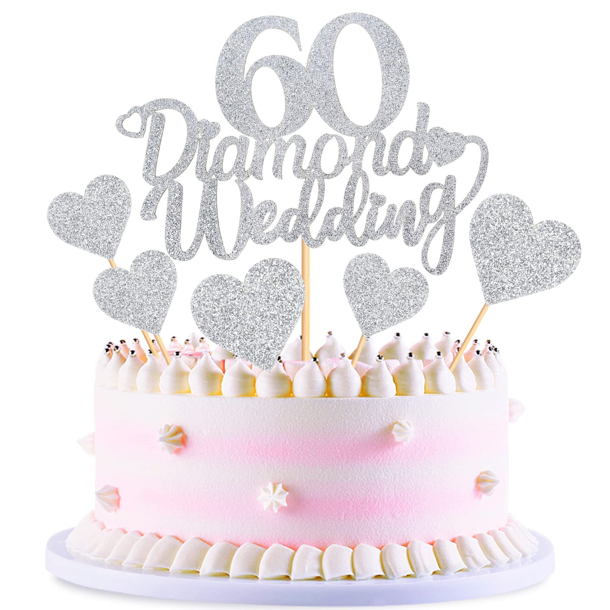 Blumomon 25Pcs 60th Wedding Anniversary Cake Toppers Silver Glitter 60th Diamond Weddding Anniversary Heart Cake Decoration for Celebration 60th Wedding Anniversary Party Supplies