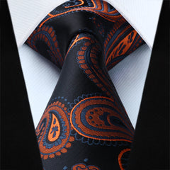 HISDERN Men's Black Orange Paisley Floral Tie Handkerchief Wedding Party Ties for Men Necktie & Pocket Square Set