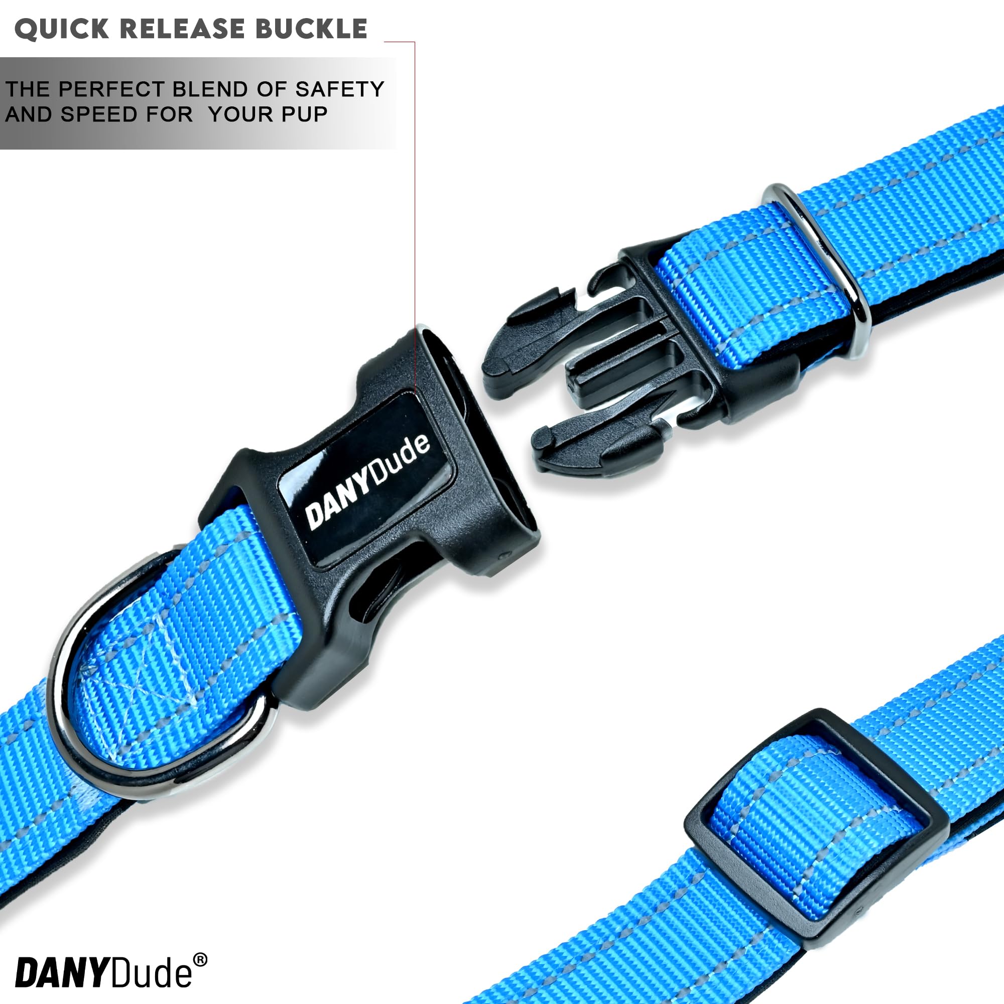 DANYDude Reflective Dog Collar Soft & Comfy Neoprene Padded Dog Collar Adjustable Strong Dog Collars For Small, Medium, Large Dogs & Cats Quick Release Buckle Puppy Collars (S (Small), Sky-Blue)