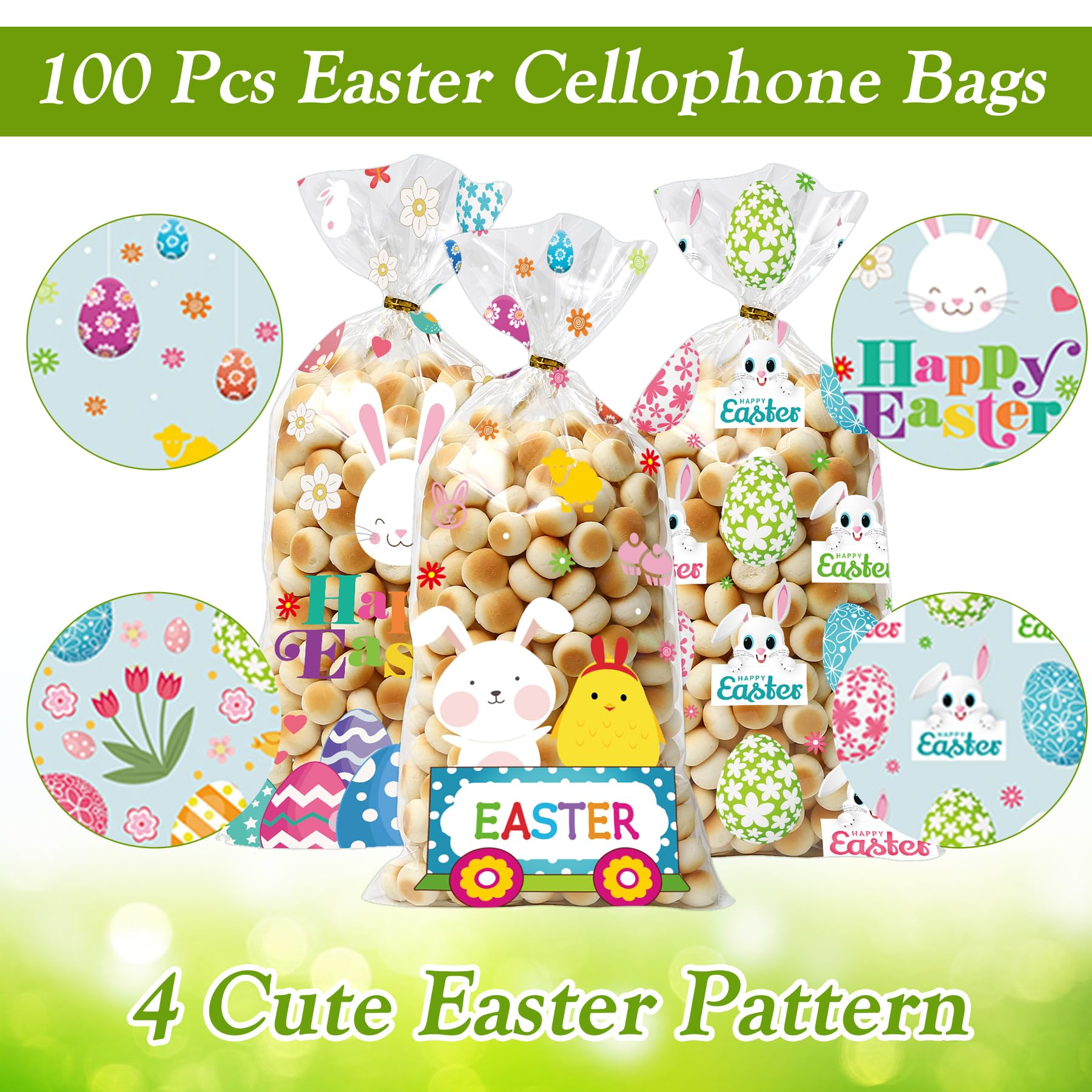 GOMANCHE Easter Cellophane Bags, 100pcs Easter Treat Bags with Gold Twist Ties for Kids Easter Party Favor Supplies
