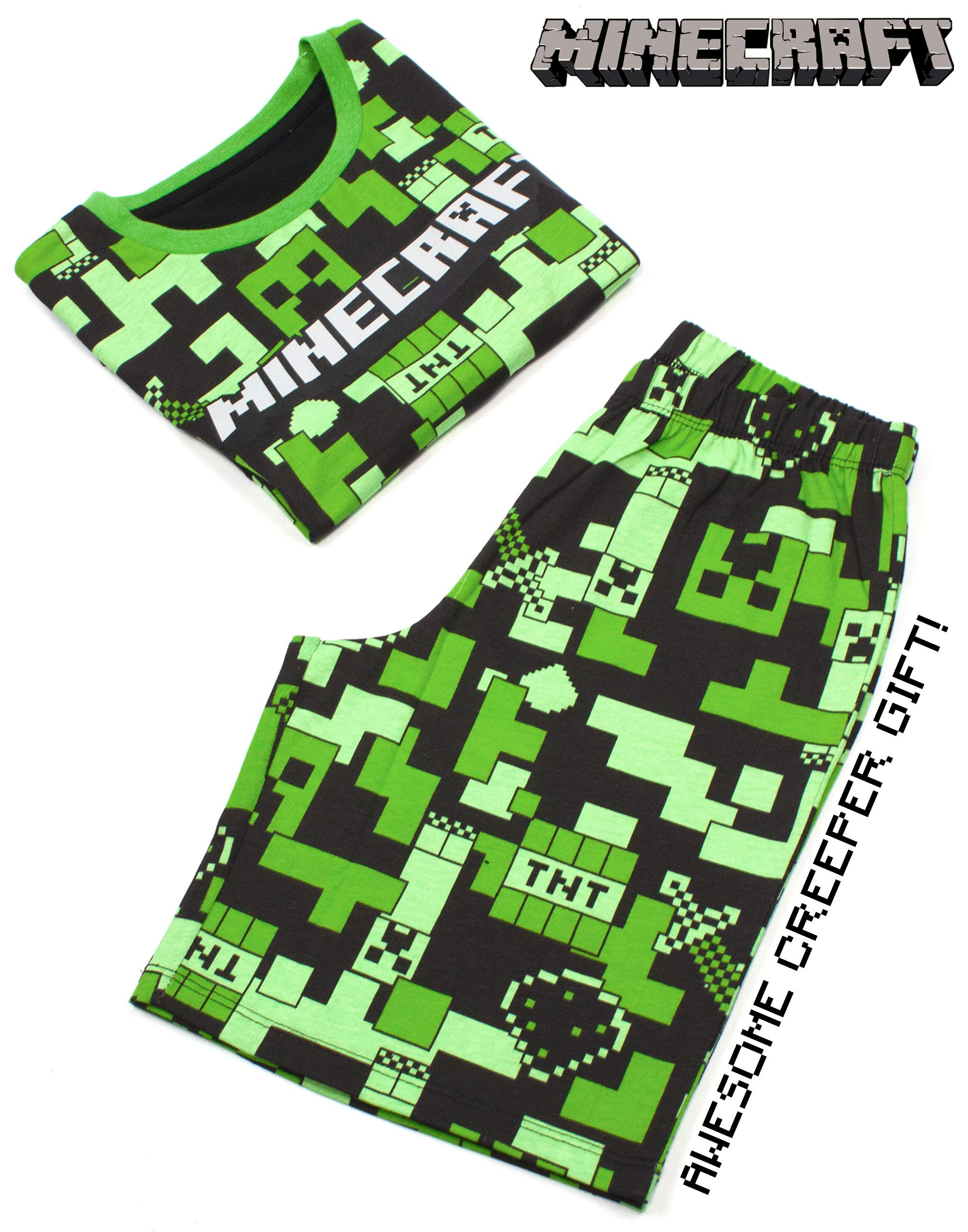 Minecraft Pyjamas for Boys   Kids Long Or Short Bottoms Options & Gamer T-Shirt   Childrens Creeper PJ Set Merchandise Gifts 7-8 Years