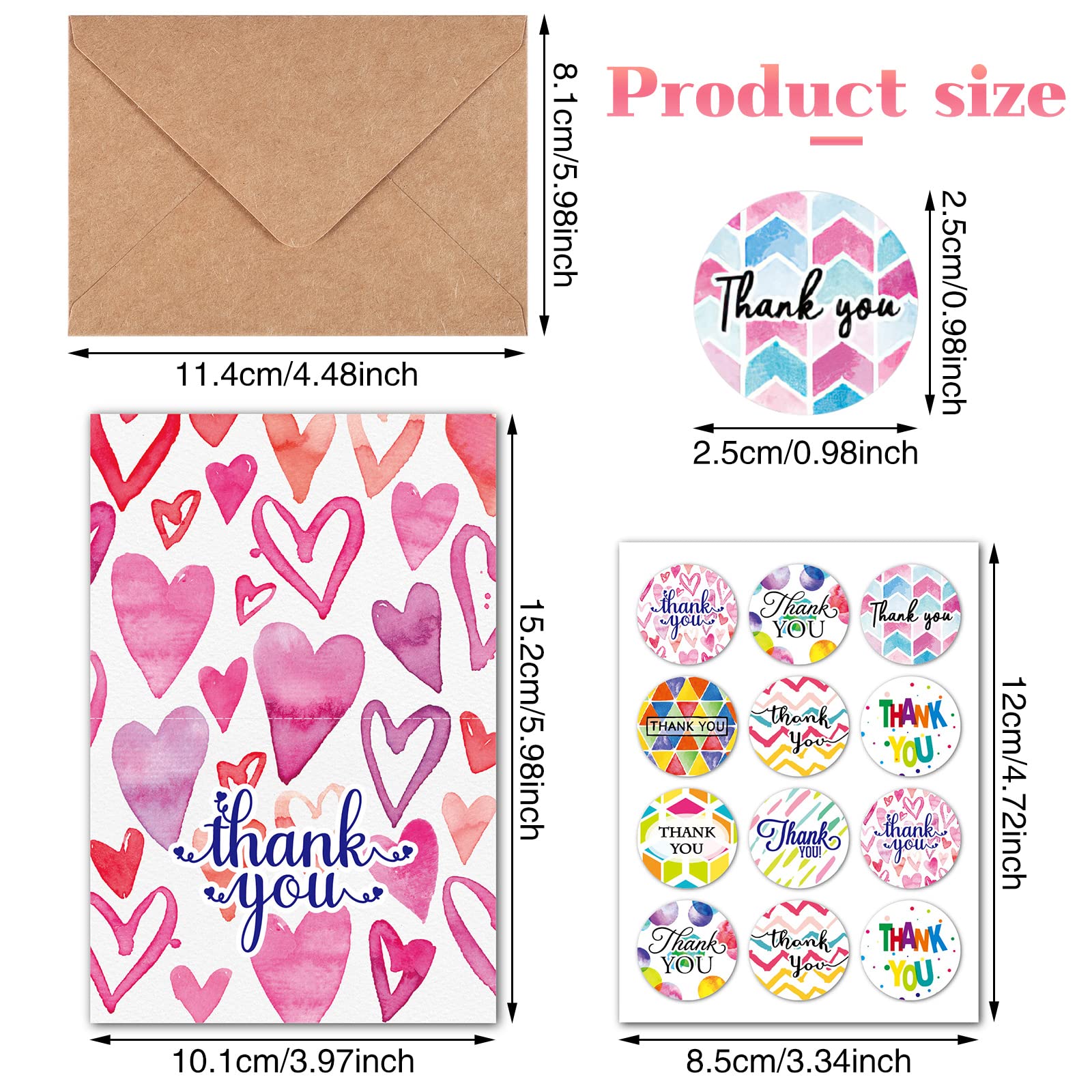 24 Pack Thank You Cards, Thank You Cards Multipack with envelopes Greeting Cards Rainbow Thank You Greeting Cards & Stickers for Wedding Graduation Teacher Birthday Baby Shower