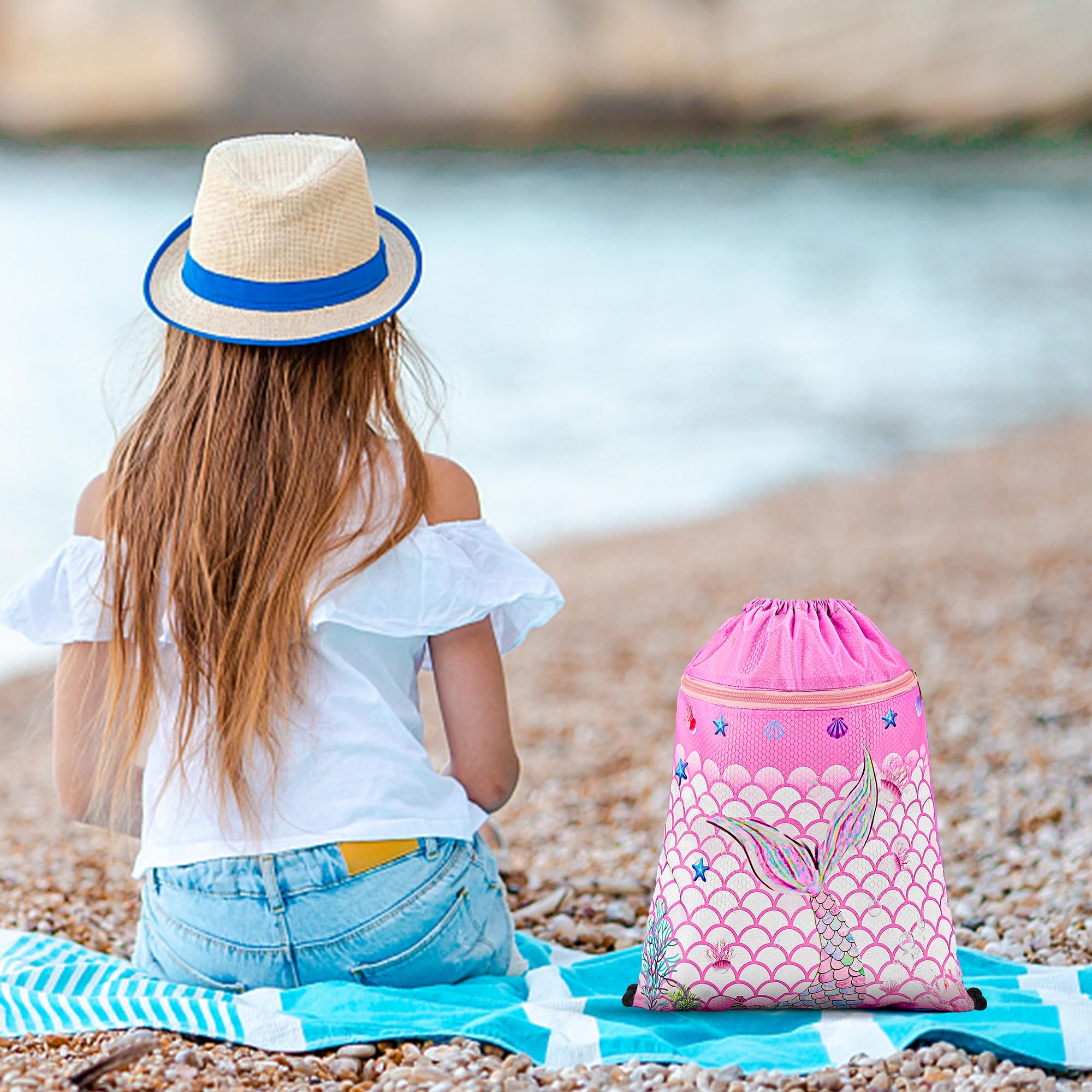 CHEPULA Gym Drawstring Backpack,Sports Gym PE Bag Waterproof Swimming Beach Backpack with Zippered Pocket Mermaid Red