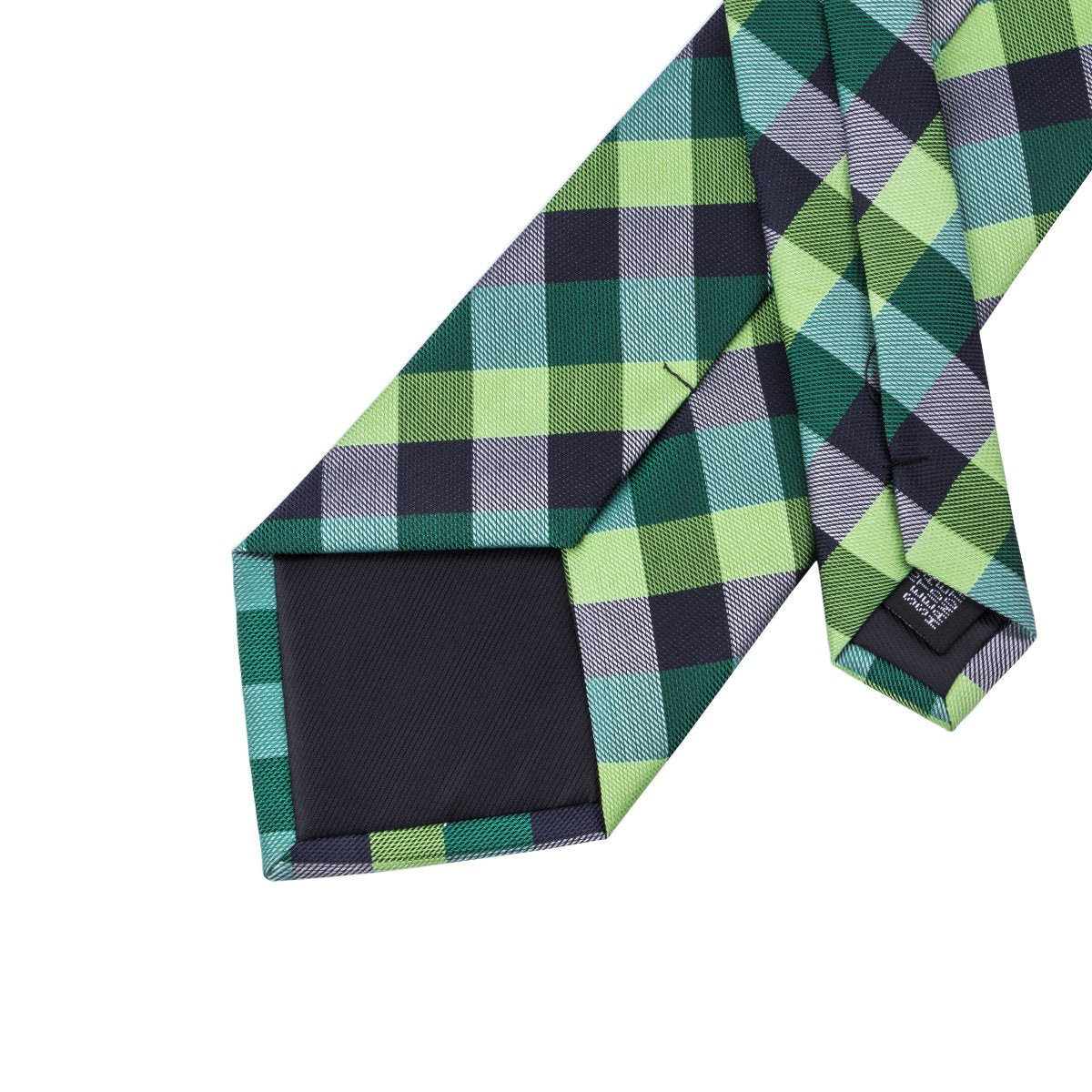 Hi-Tie Black Green Silk Plaid Necktie for Men with Pocket Square & Cufflinks Tie Set for Weddings Business