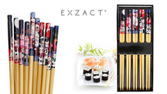 Exzact Chopsticks Gift Set - 5 Pairs of Reusable Natural Bamboo Chopsticks in a Beautiful Black Handmade Box - Decorated Japanese Lucky Cat/Fortune Cat Style