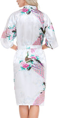 Lovasy Kimono Dressing Gowns Satin Kimono Robe Peacock and Blossoms Silk Dressing Gown for Women UK Long Silk Bride and Bridesmaid Robes,White,S