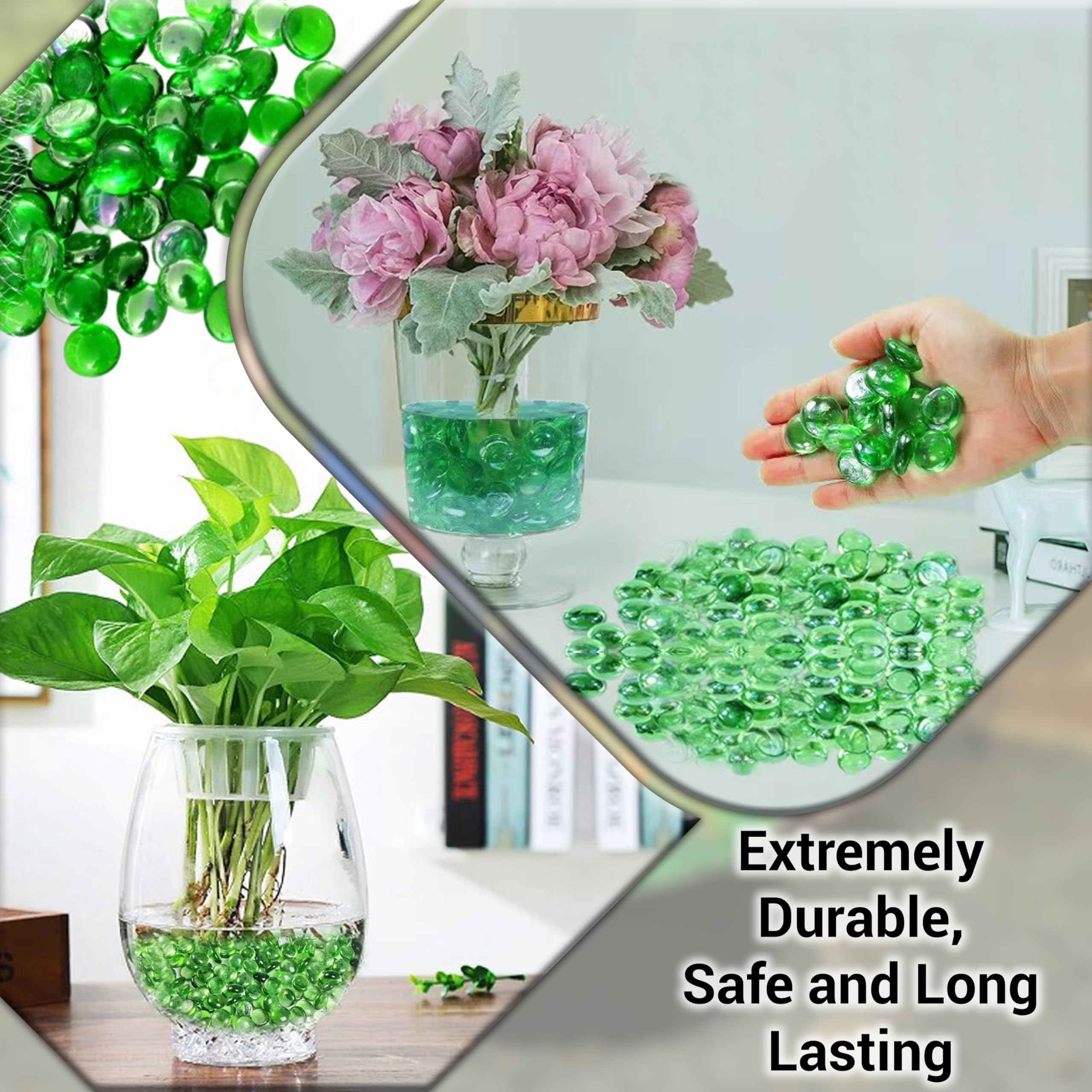 Arsuk Decorative Glass Pebbles Stones Beads Rounded Gems Flat Marble, Vase Filler, Fire Artificial Crystal Gemstones for Aquarium, Mosaic Tiles Vases Craft, Garden Flowerpot(80Pcs/455g Green Pebbles)