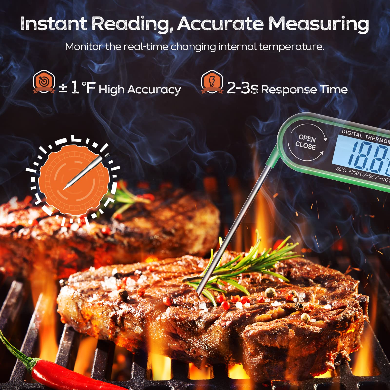 Digital Meat Thermometers for Air Fryers Cooking, Food Thermometer Instant Read BBQ Cooking Thermometer with Foldable Long Probe and Backlight Screen Magnetic Back for Kitchen,Milk(Battery Included)