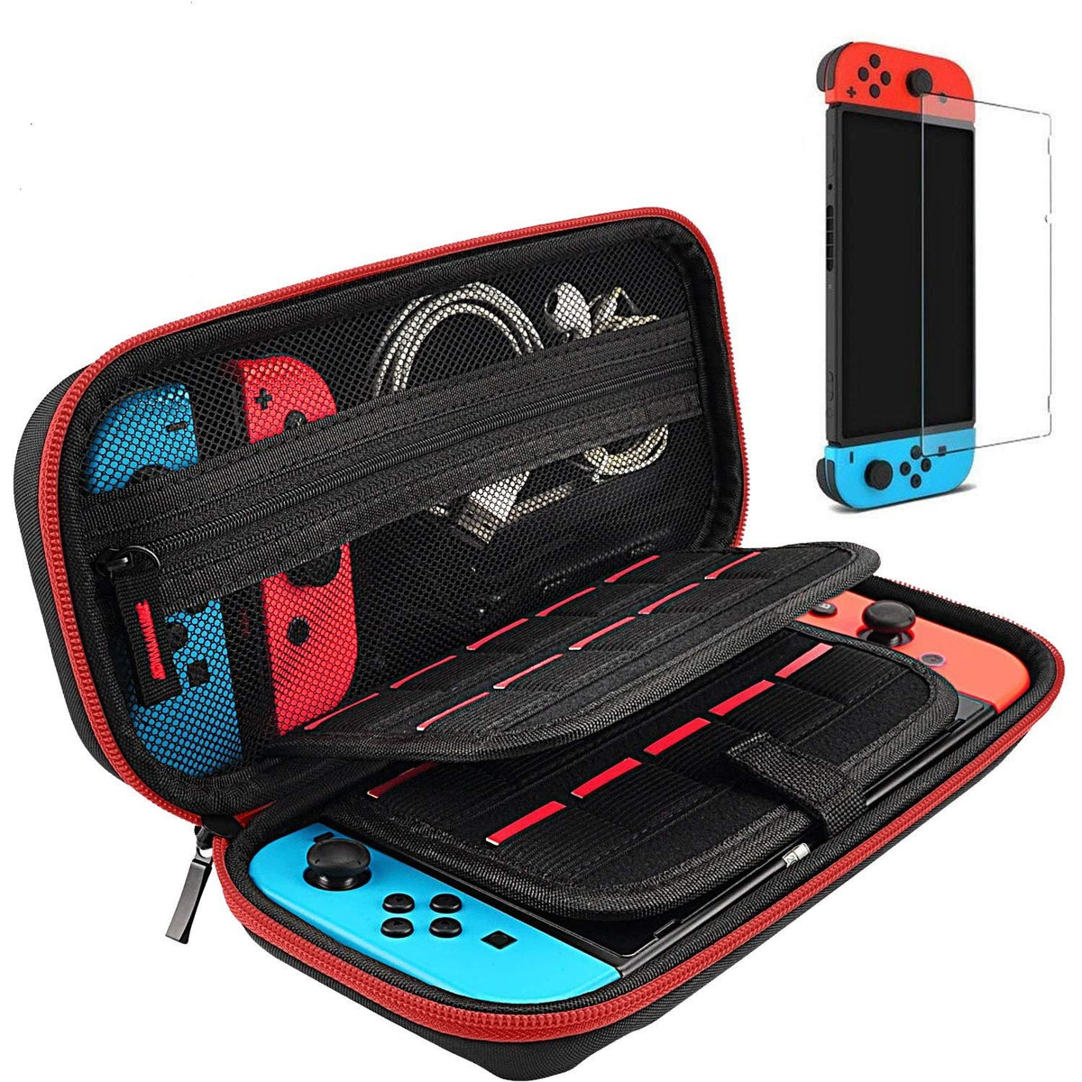 daydayup Switch Case and Tempered Glass Screen Protector Compatible with Nintendo Switch - Deluxe Hard Shell Travel Carrying Case, Pouch Case for Nintendo Switch Console & Accessories (Red)