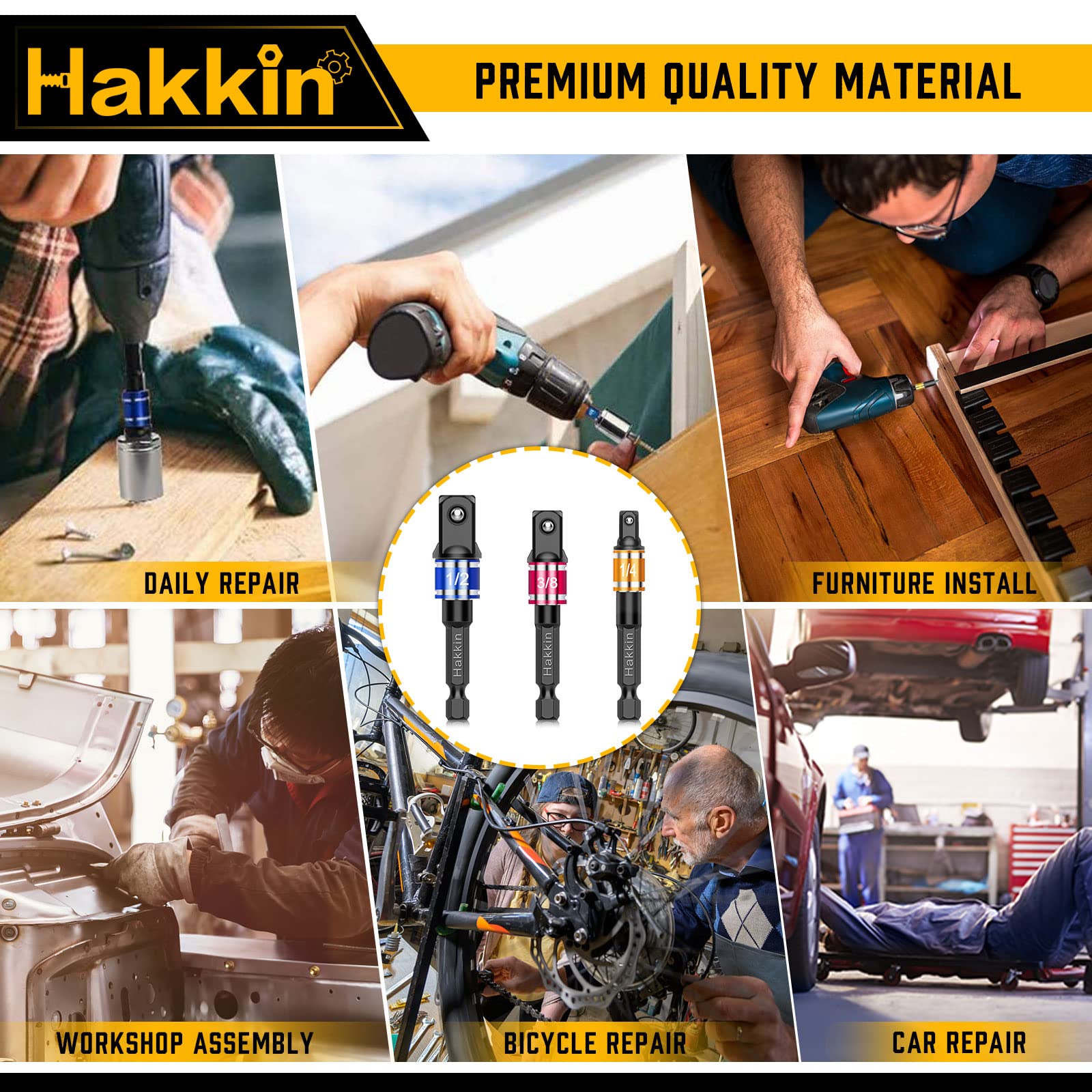 Hakkin 3PCS Impact Grade Socket Adapter/Extension Set Turns Power Drill Into High Speed Nut Driver Torque Impact Wrench. 1/4 inches, 3/8 inches, and 1/2 inches Drive