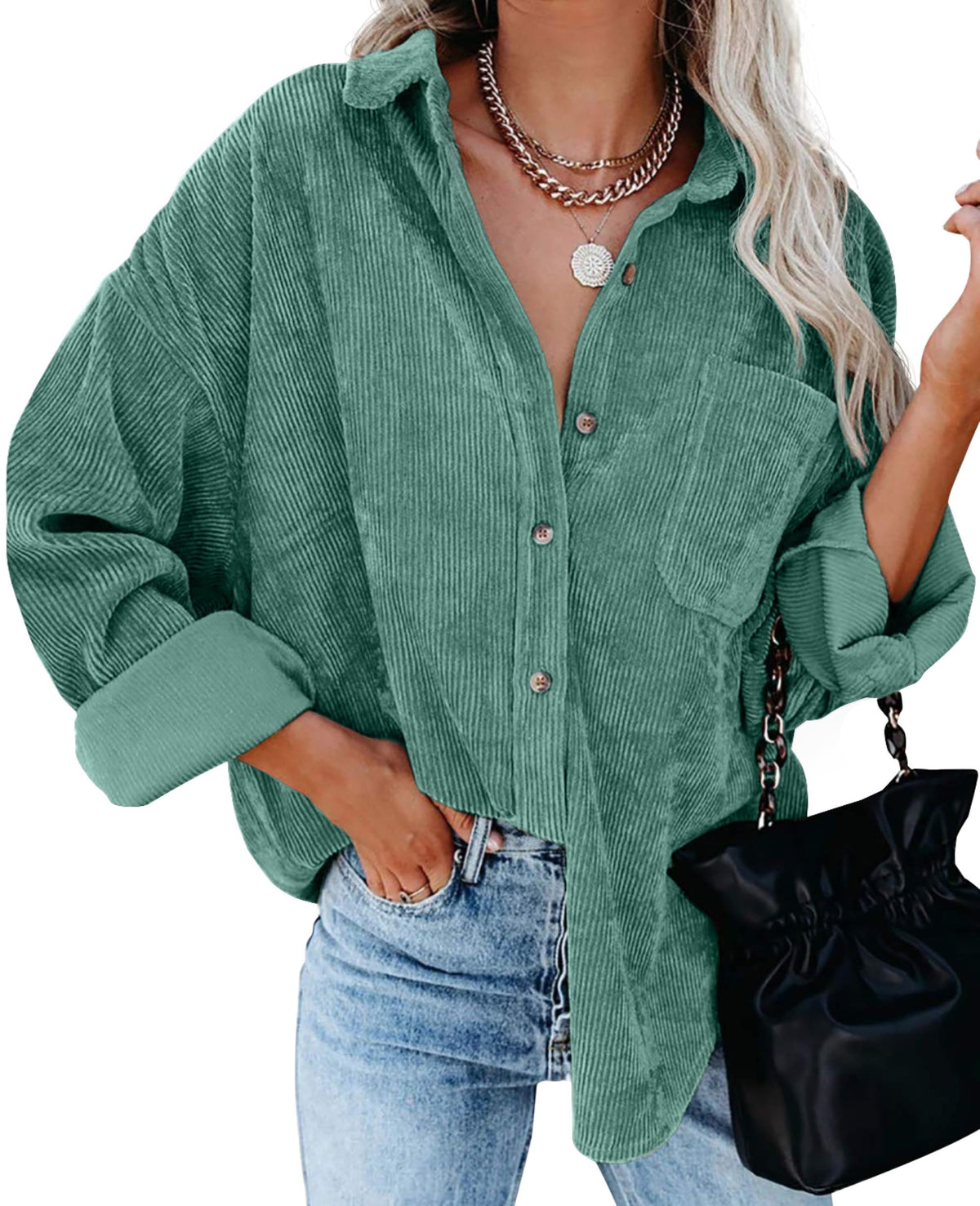 QIXING Womens Corduroy Oversized Shacket Button Down Boyfriend Shirts V Neck Cotton Long Sleeve Blouses with Pocket Casual Work Jacket for Women UK Ladies Tops Autumn Winter (Green, XXL)