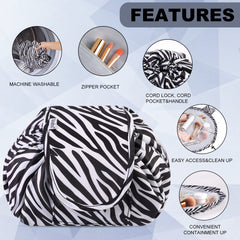 Vavabox Lazy Drawstring Makeup Bags, Large Capacity Waterproof Travel Portable Cosmetic Bag Pouch Makeup Pouch Storage Organiser for Women Girl (Zebra)