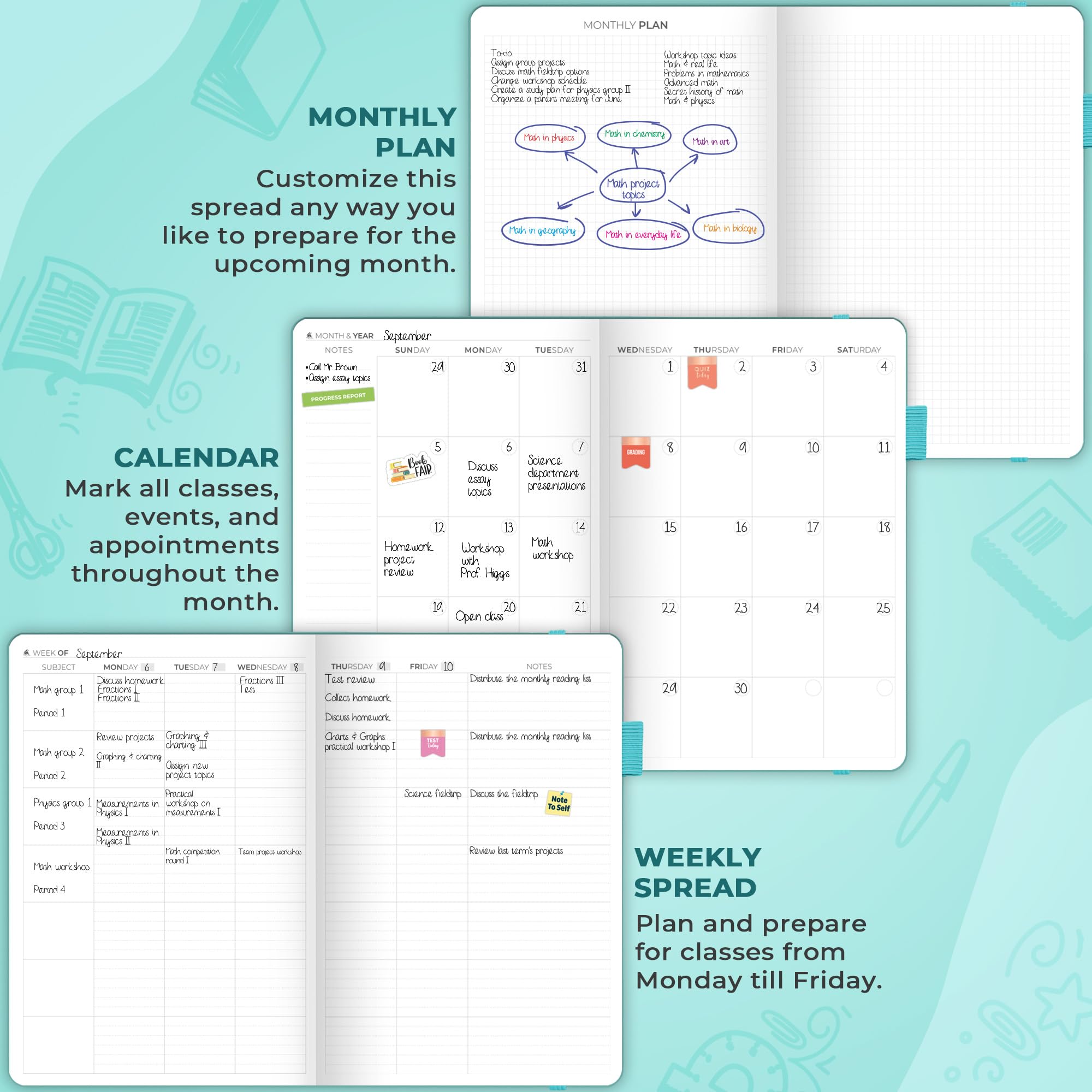 Clever Fox Teacher Planner – School Year Planner with Calendars & Lesson Plans – Teacher Plan Book for Classroom & Homeschool Organization - Undated, 18x25cm, Hardcover (Turquoise)