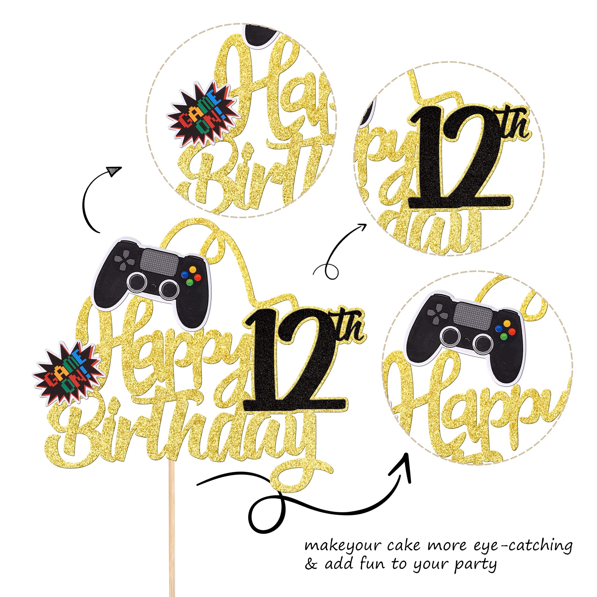 SYKYCTCY 1 Pack Happy 12th Birthday Cake Topper Glitter Video Game Cake Pick Game On Controllers Twelfth Cheers to 12 Years Cake Decoration for Game Theme Happy 12th Birthday Party Supplies Gold