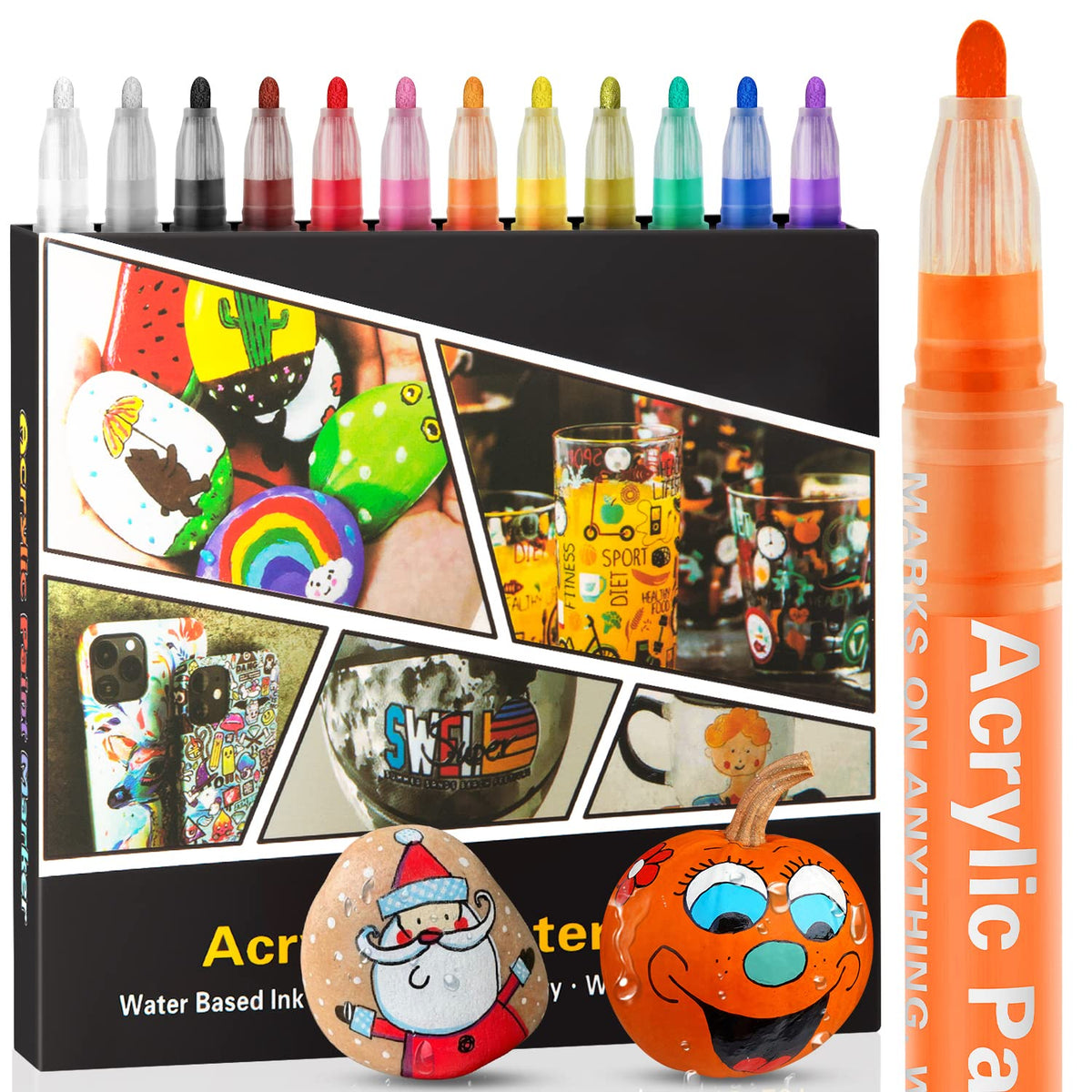 Droaful Acrylic Paint Pens Markers -12 Color Christmas Gfits Paint Pens for Rock Painting, Stone, Ceramic, Glass, Wood, Fabric, Canvas, Porcelain, Metal, Long Lasting,Strong Covering,Non-Toxic