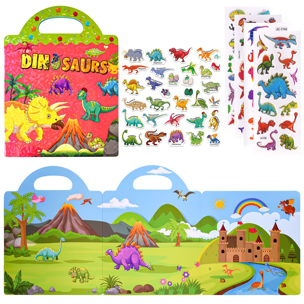 ASTARON 3D Puffy Sticker Book for Kids,88 Pcs Reusable Dinosaurs Jelly Stickers for Toddlers,Puffy Sticker Game Travel Stickers and Educational Sensory Learning Toy Busy Book