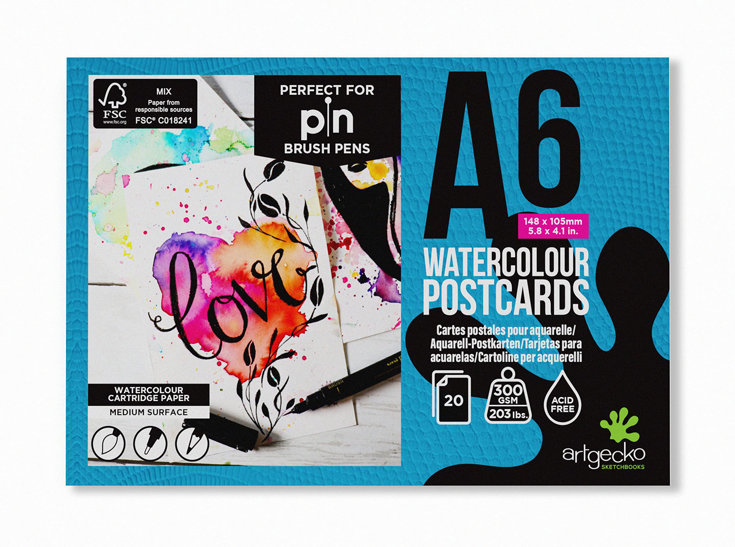 Artgecko Pro Watercolour Postcards A6-20 Sheets 300gsm White Cartridge Paper