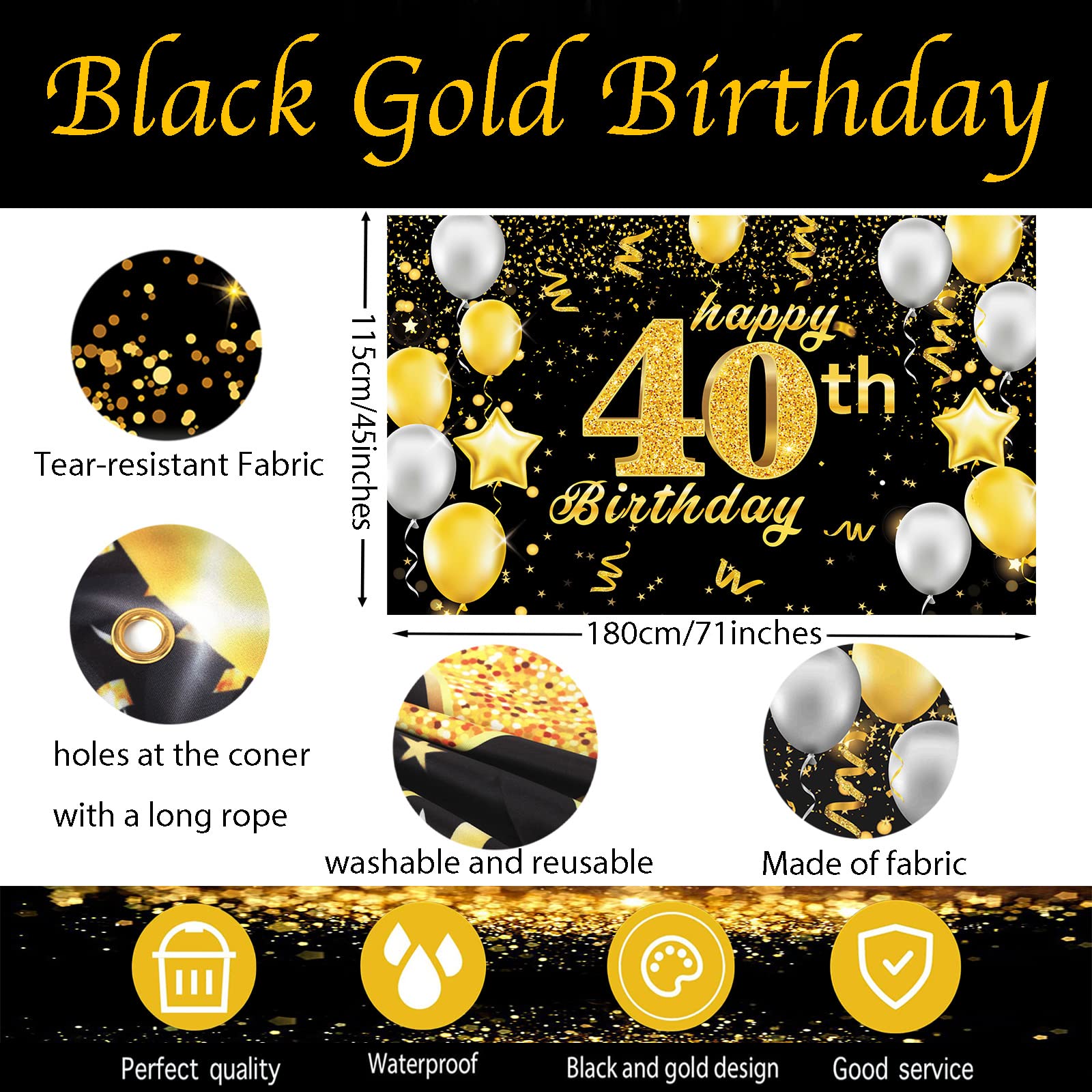 Happy 40th Birthday Banner,40th Birthday Decorations Black Gold,Party Backdrop Banner Fabric Banner for Men Women 40th Birthday Photo Backdrop,Photography Background,Outdoor Garden Table Wall Decor