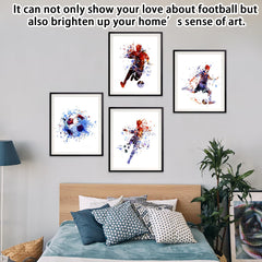 4Pcs Watercolor Soccer Player Art Picture Poster Football Posters for Boys Bedroom for Kids Football Fans Decorating Your House Like Living Room Kids Bedroom Classroom School Nursery