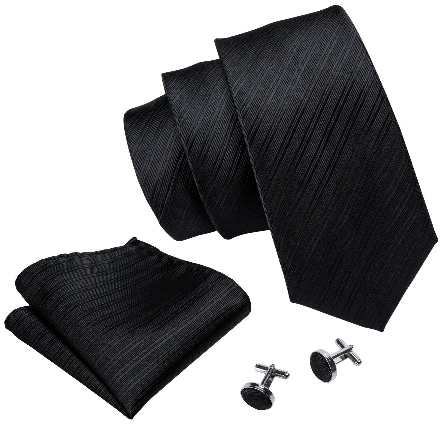 Barry.Wang Solid Black Ties for Men Funeral Striped Necktie Pocket Square Cufflinks Set