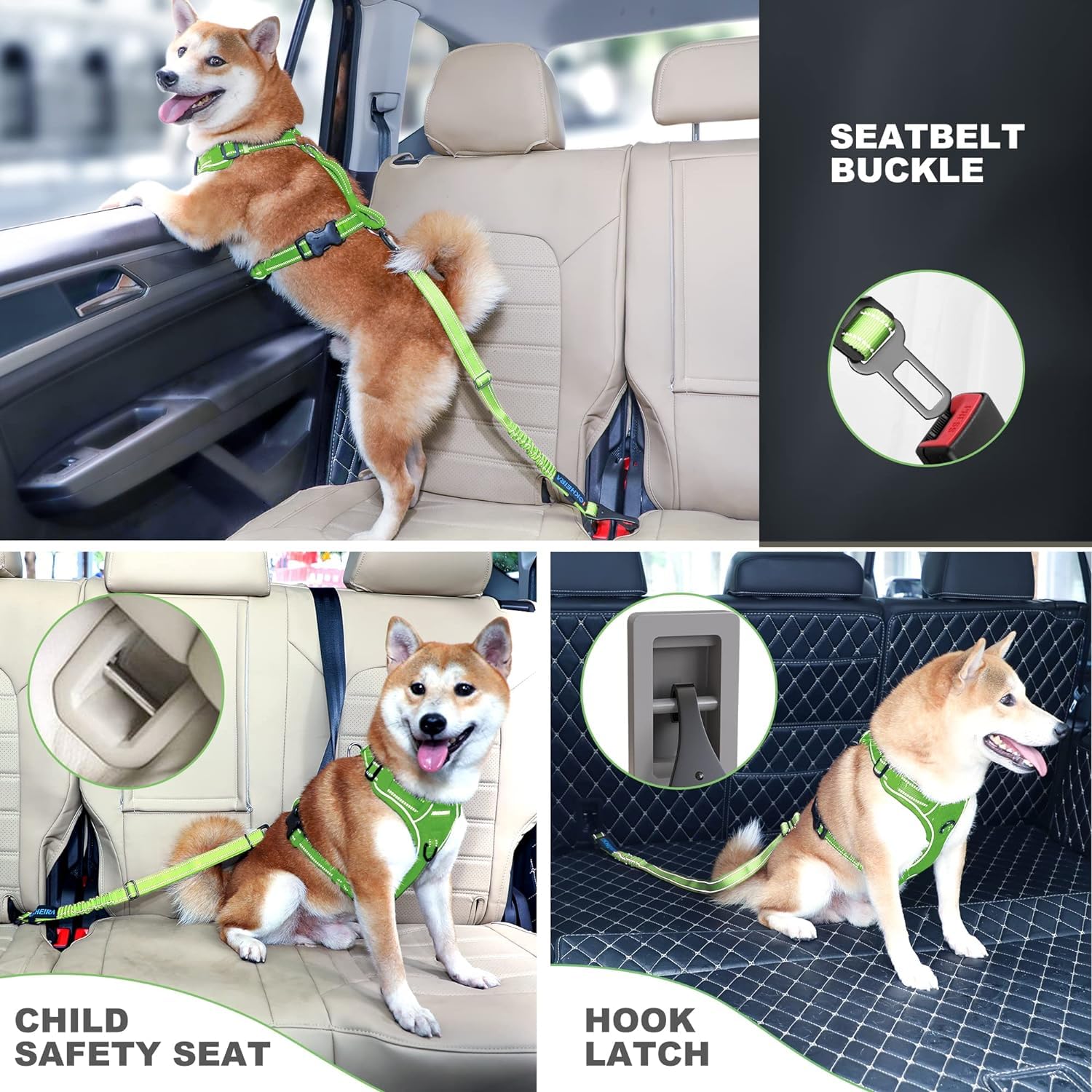 IOKHEIRA Dog Seatbelt, Aviation Aluminum Carabiner Nylon Dog Seat Belt, Adjustable Dog Car Harness, Pet Safety Belt with Hook Latch & Seatbelt Buckle