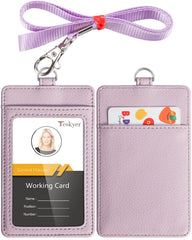 Teskyer Card Holder with Lanyard, ID Badge Holder, Oyster Card Holder, Bus Pass Holder, with Clear Window, Holding 2 Cards, PU Leather, Light Purple