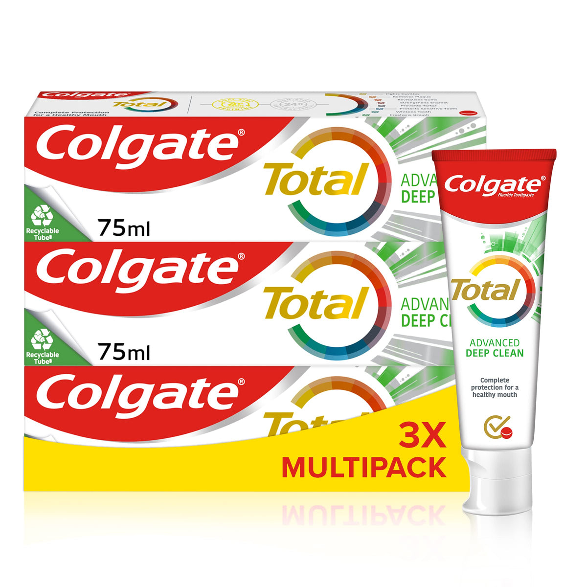 Colgate Total Advanced Deep Clean Toothpaste   Fluoride Toothpaste   Cleans Deep in Hard-to-reach Places   Superior 24 Hour Bacterial Defence   Fights Plaque Bacteria 3x More Effectively