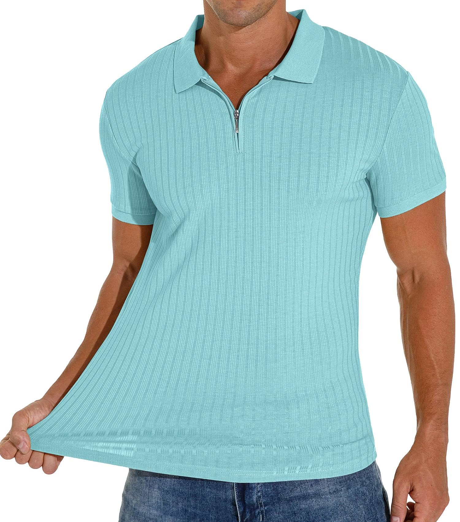 Sailwind Men's Polo Shirts Zip Classic Stretch Slim Fit T Shirts Casual&Work(Light Blue, XXL)