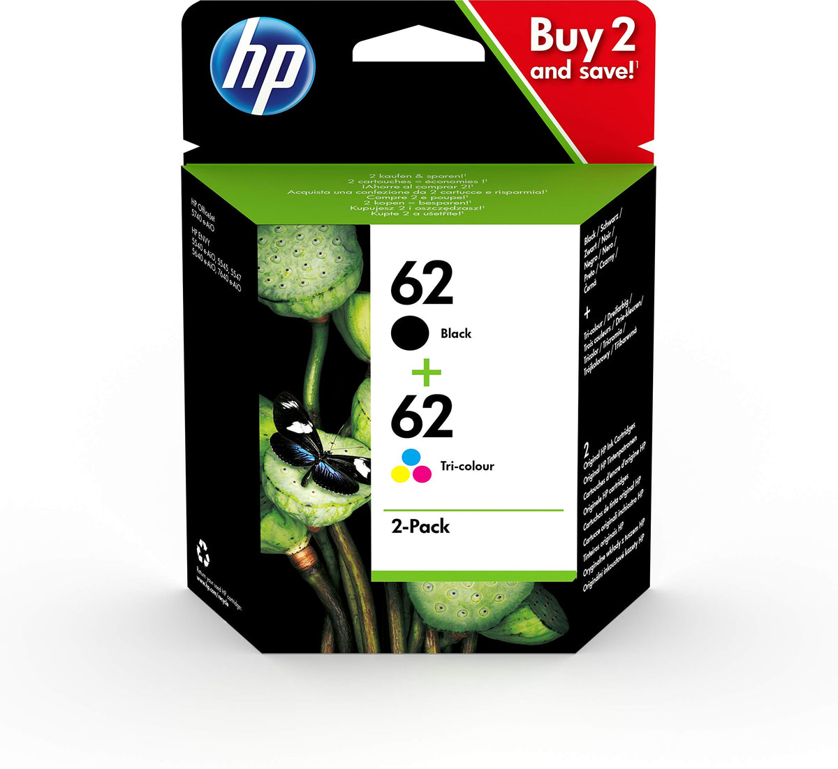 HP N9J71AE 62 Original Ink Cartridges, Black and Tri-color, Multipack, 2 Count (Pack of 1)