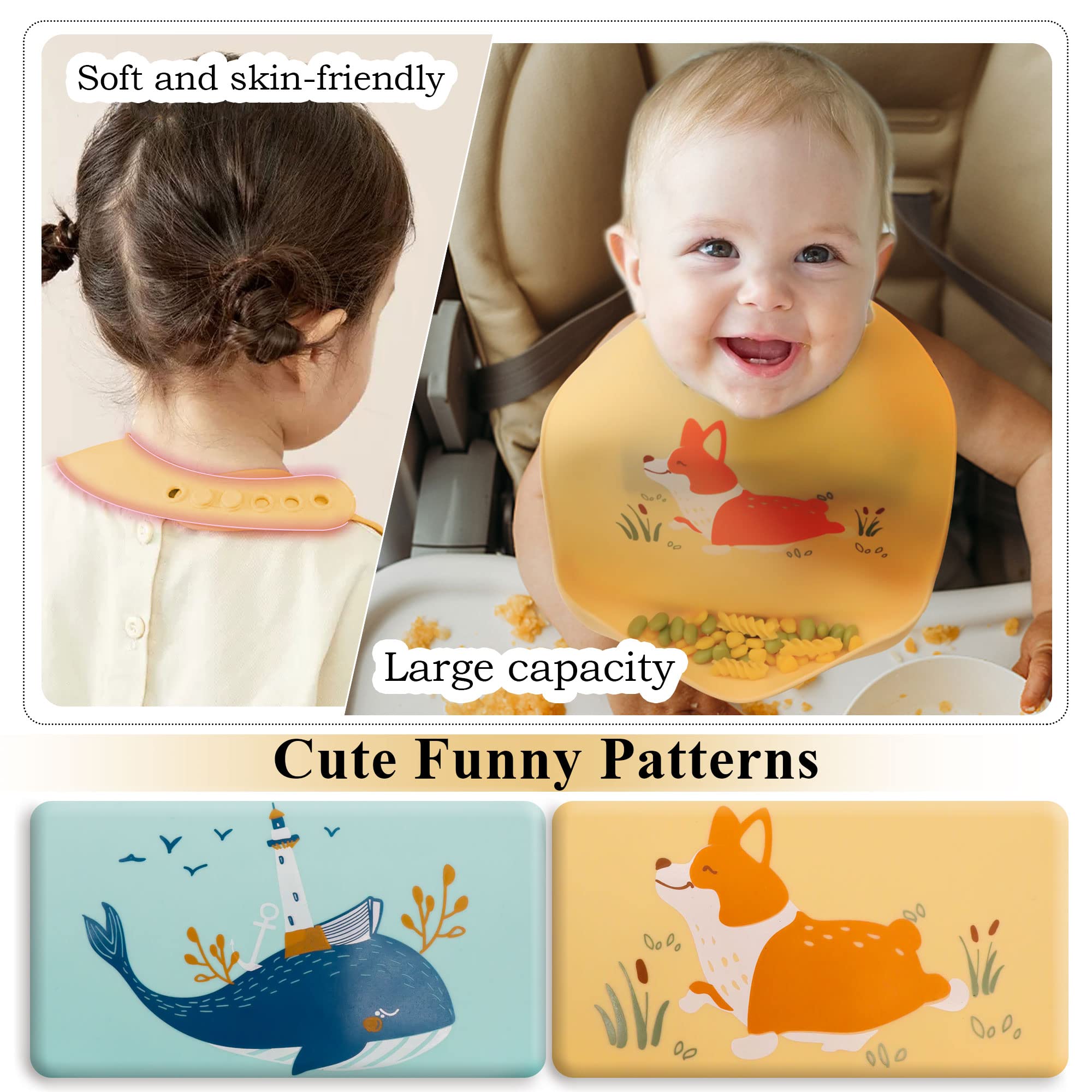 FILOWA Baby Bibs Silicone Feeding Bibs for Babies Weaning Waterproof Wide Food Crumb Catcher Pocket Unisex Kids Soft Easily Wipe Clean Cute Animal Design Machine Washable No-Mess Food Grade,2 Pieces