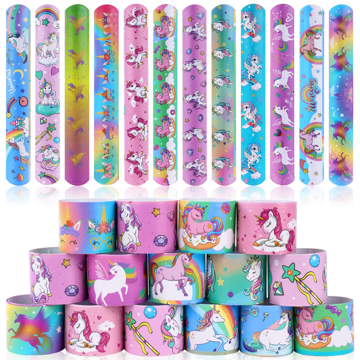 24Pcs Slap Bands, Unicorn Wristband Animal Slap Bracelets for Party Bags Fillers, Kid's Party Favors Slap Wrist Bands for Kids Boys Girls, for Birthday Christmas Party Favours - Unicorn