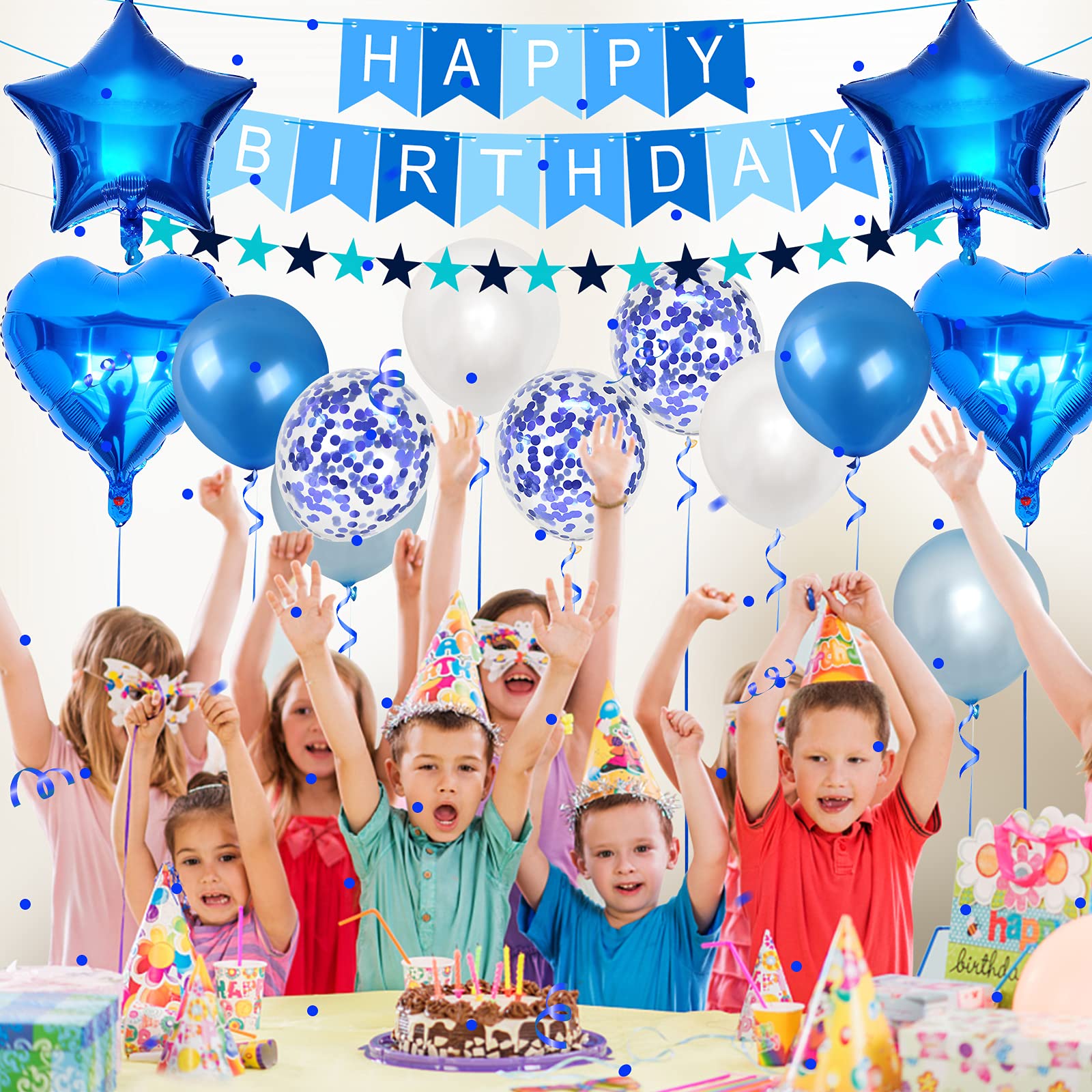 Unisun 7th Birthday Decorations for boy, 40 inch Helium Foil Balloon Number 7 Light Blue White Confetti Latex Balloons, Happy Birthday Banner with Ribbon for 7 Year Kid Birthday Party Supplies