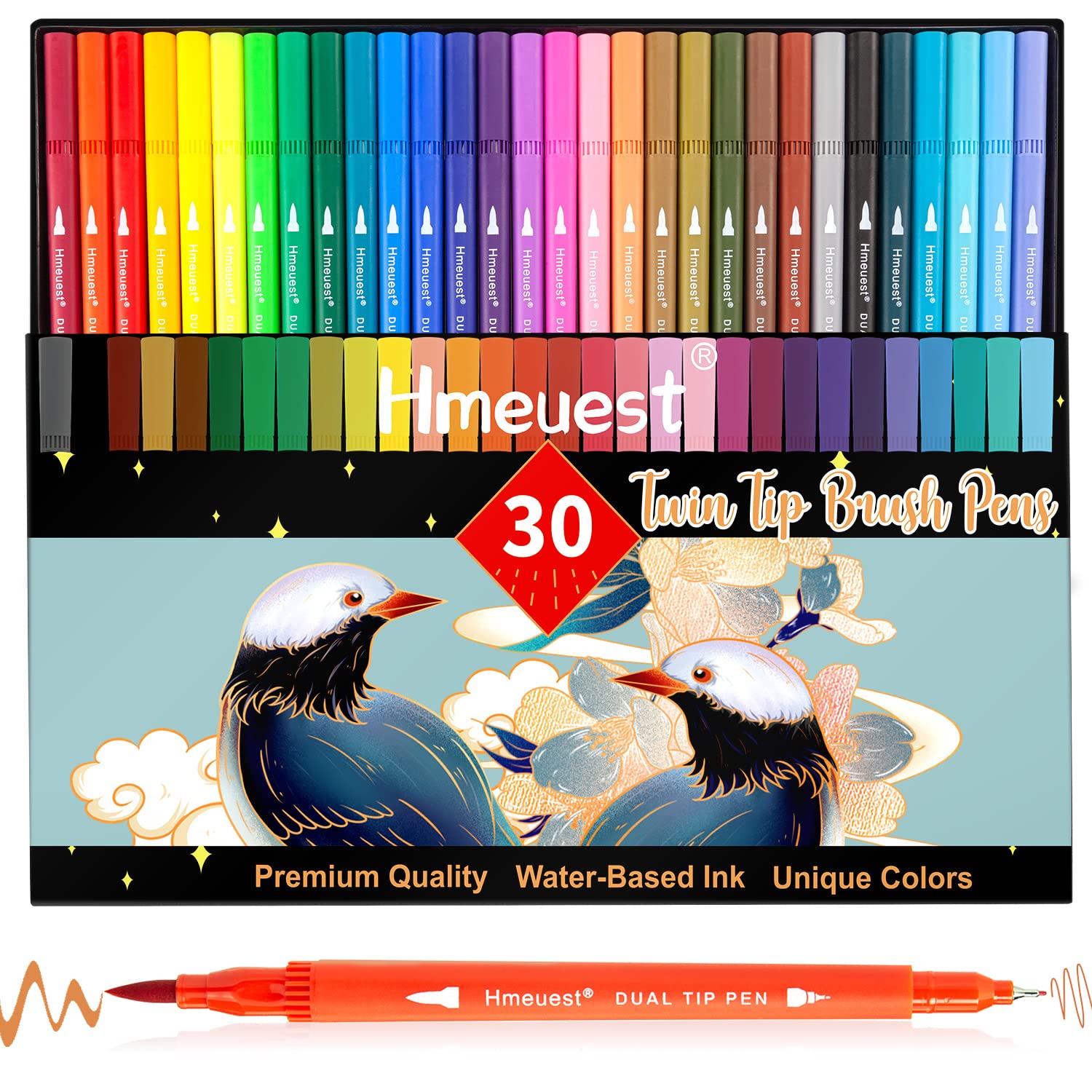 Hmeuest Colouring Pens for Adults, 30 Dual Tip Brush Pens for Artists, Fine Tip Coloured Pens, Art Pens for Adults, Coloring Books Drawing Sketching