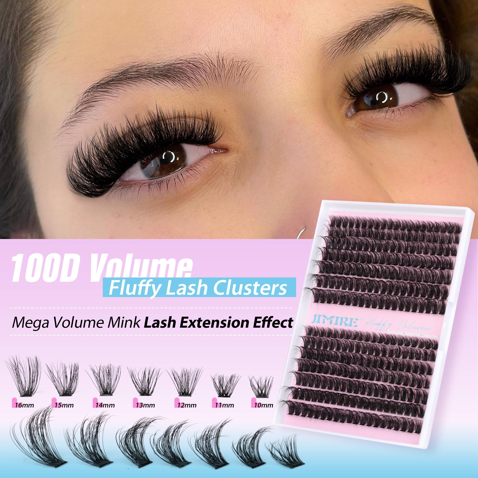 Individual Eyelashes Kit Eyelash Extension Kit with Bond and Remover Lash Glue and Tweezers Russian D Curl Cluster Lashes Kit 280Pcs Wispy Lashes Individual Cluster 10-16MM Mix by JIMIRE