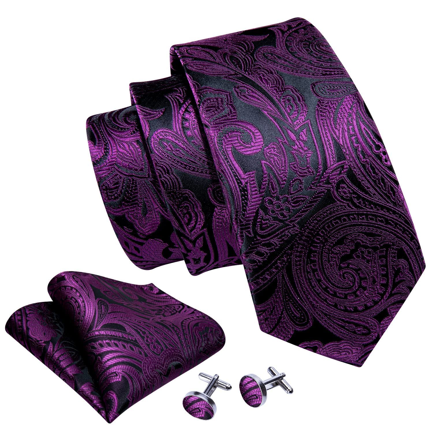 Barry.Wang Tie Pocket Square Cufflinks for Men Set Designer Ties Paisley (Royal Purple Pailsey)