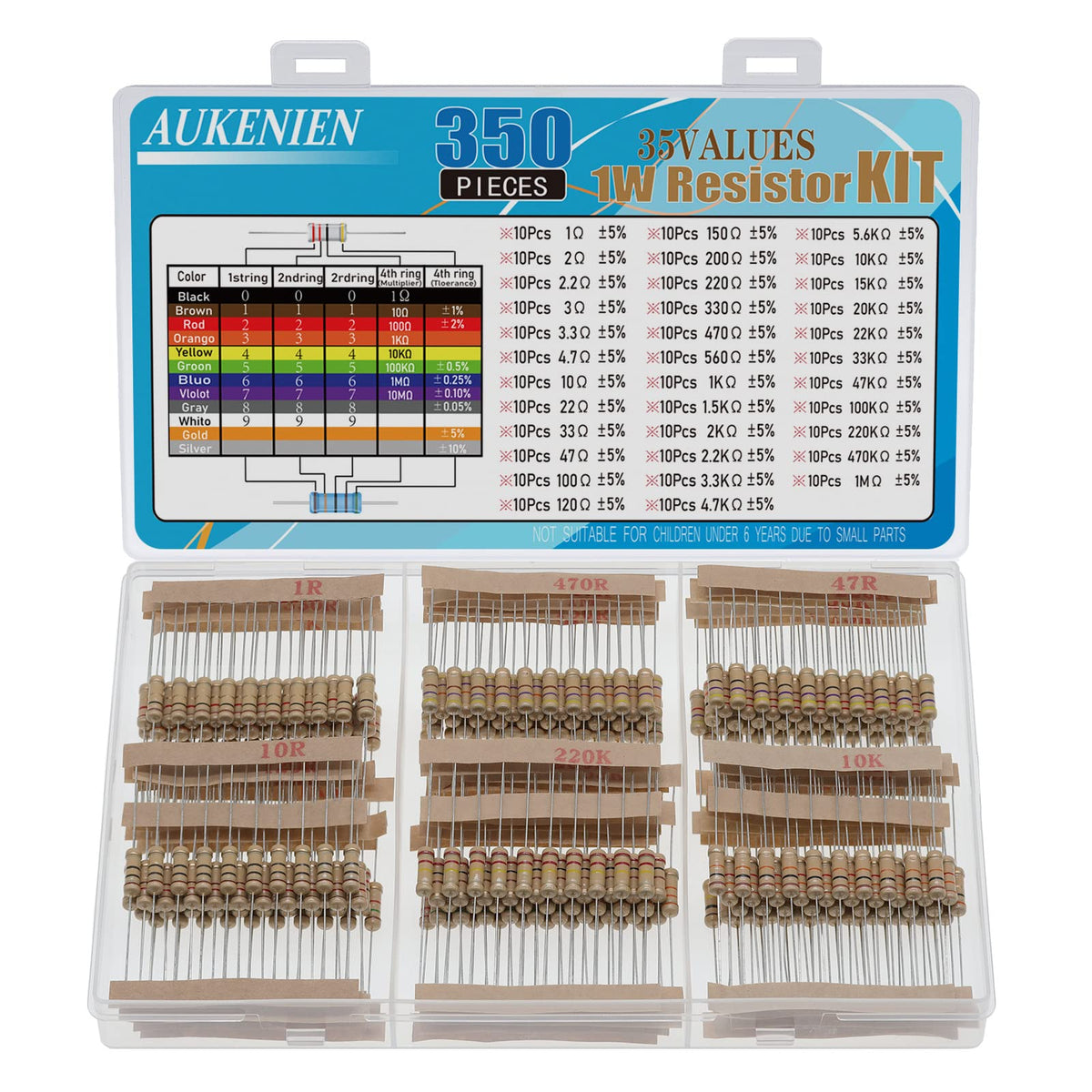 AUKENIEN 1W Resistor Assortment Kit 35 Values 350pcs 1 Watt 1 Ohm to 1M Ohm Carbon Film Resistors Set 1Watt Common Resistors Assorted RoHS Compliant with ±5% Tolerance for Electrical DIY Projects