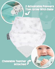 Cheeky Chompers Muslin Baby Bibs with Teether   Super Soft & Absorbent   2 monthsand Teething Bibs   Multi-Award Winning Neckerchew   (Silver Stars, Single)